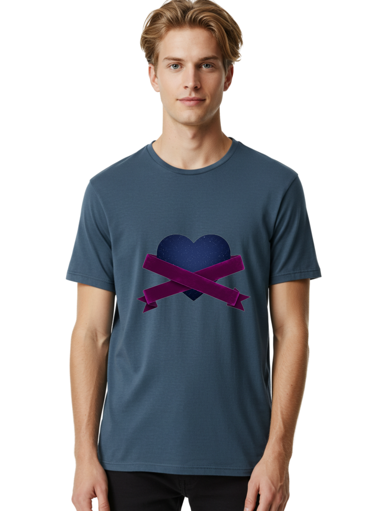 Dark-Heart-With-Ribbon Men'S Graphic Tee, 100% Cotton, Comfortable Casual Summer Wear, Machine Washable, Dark Heart, Purple Ribbon, Heart Shape, Velvet Texture, Symbol Of Love, Mourning Symbol, Grunge Style, Edgy Aesthetic, Dark Romance Bae173
