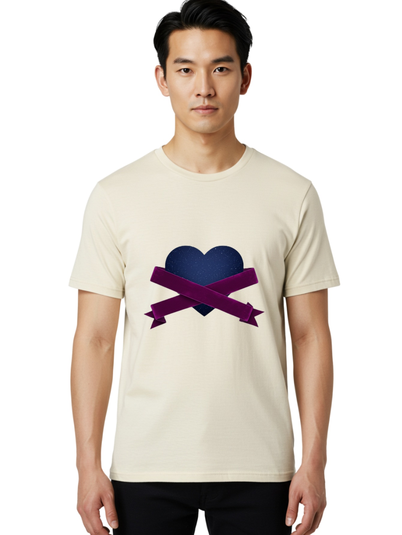 Dark-Heart-With-Ribbon Men'S Graphic Tee, 100% Cotton, Comfortable Casual Summer Wear, Machine Washable, Dark Heart, Purple Ribbon, Heart Shape, Velvet Texture, Symbol Of Love, Mourning Symbol, Grunge Style, Edgy Aesthetic, Dark Romance Bae173