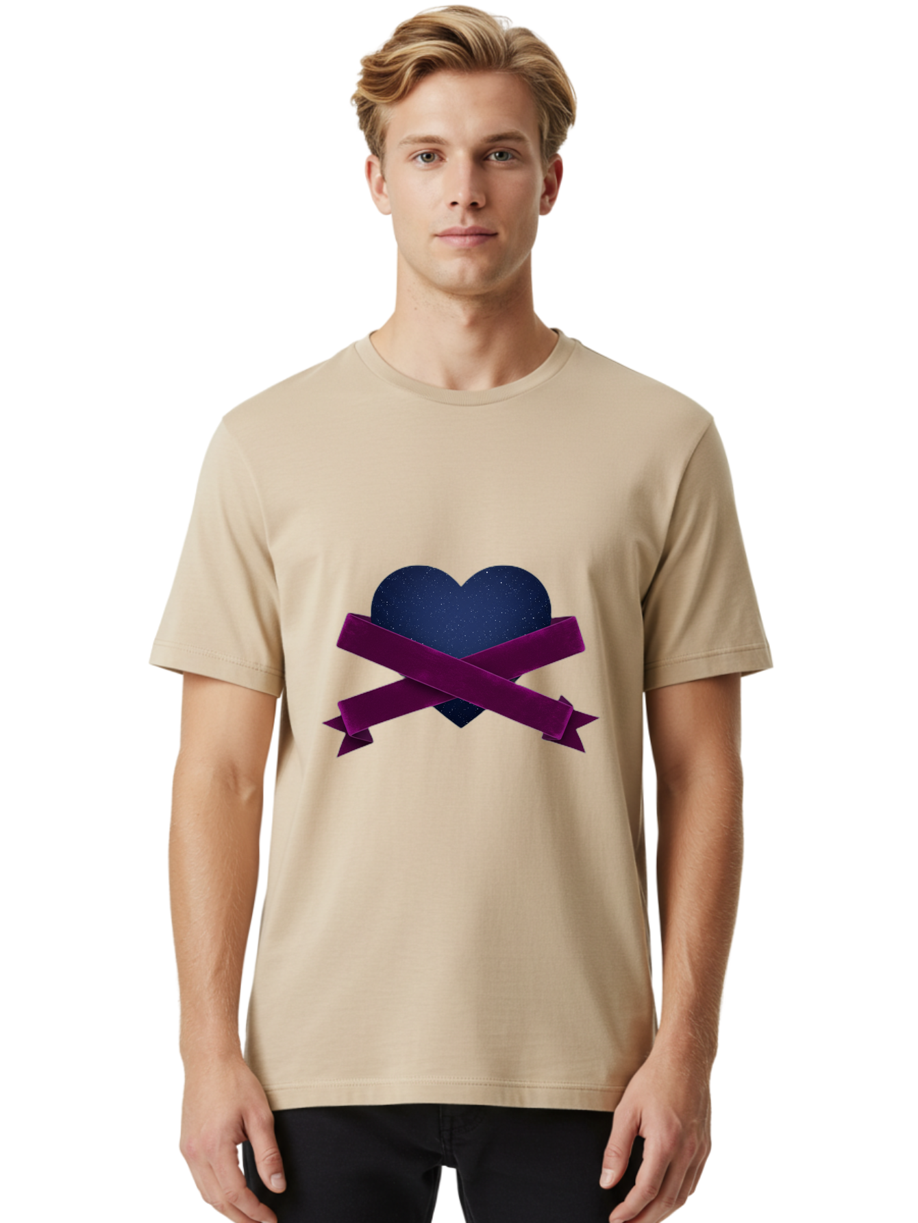 Dark-Heart-With-Ribbon Men'S Graphic Tee, 100% Cotton, Comfortable Casual Summer Wear, Machine Washable, Dark Heart, Purple Ribbon, Heart Shape, Velvet Texture, Symbol Of Love, Mourning Symbol, Grunge Style, Edgy Aesthetic, Dark Romance Bae173