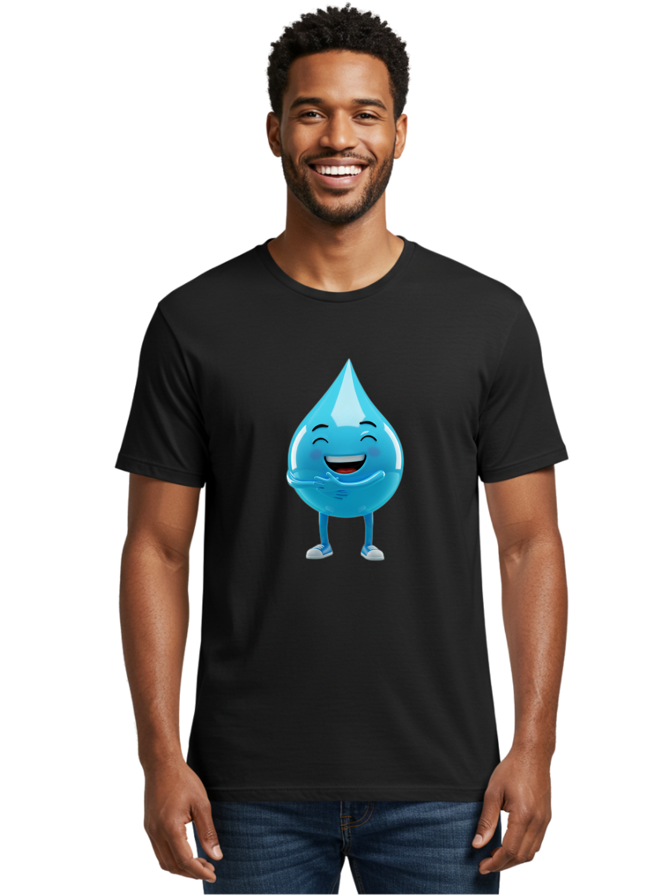 Droplet-Character Men'S Graphic Tee, 100% Cotton, Comfortable Casual Summer Wear, Machine Washable, Water Droplet Character, Happy Face, Smiling Water Drop, Blue Water, Water Conservation, Hydration, Winking Character, Playful Graphic, Bae175