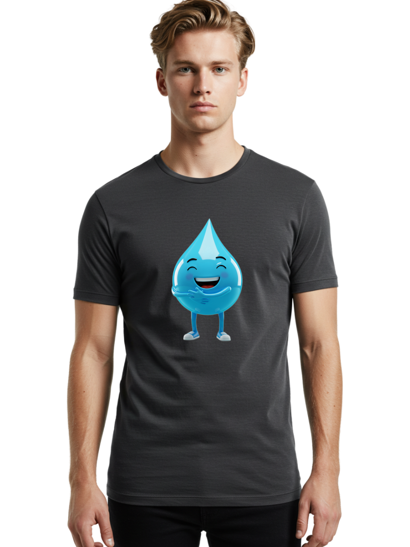 Droplet-Character Men'S Graphic Tee, 100% Cotton, Comfortable Casual Summer Wear, Machine Washable, Water Droplet Character, Happy Face, Smiling Water Drop, Blue Water, Water Conservation, Hydration, Winking Character, Playful Graphic, Bae175