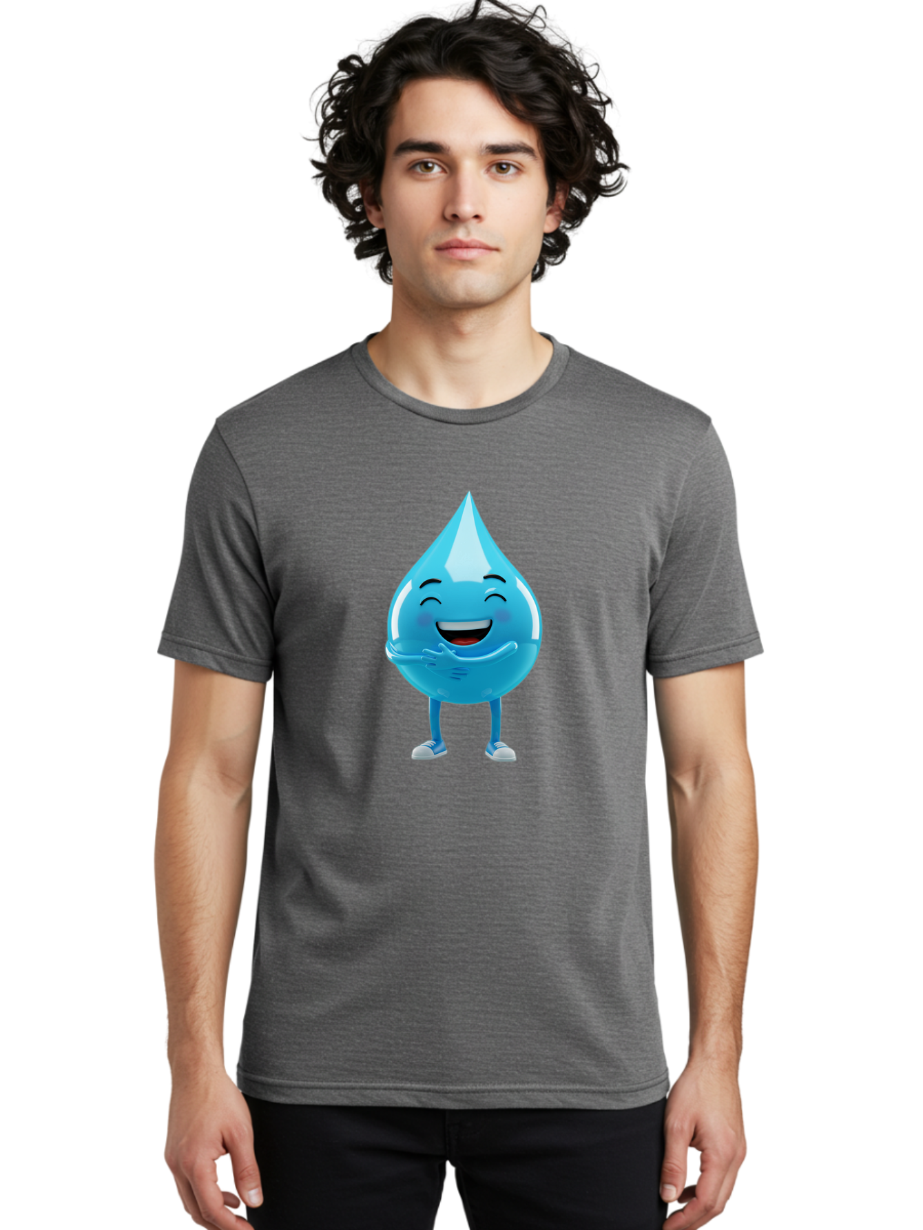 Droplet-Character Men'S Graphic Tee, 100% Cotton, Comfortable Casual Summer Wear, Machine Washable, Water Droplet Character, Happy Face, Smiling Water Drop, Blue Water, Water Conservation, Hydration, Winking Character, Playful Graphic, Bae175