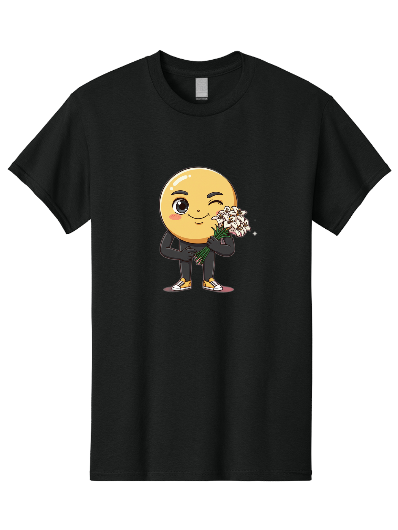 Eggplant-Emoji Men'S Graphic Tee, 100% Cotton, Comfortable Casual Summer Wear, Machine Washable, Happy Face, Cartoon Character, Holding Flowers, Smiley Emoticon, Winking Face, Cute Illustration, White Flowers, Black Outfit, Smiling Face, Bae176