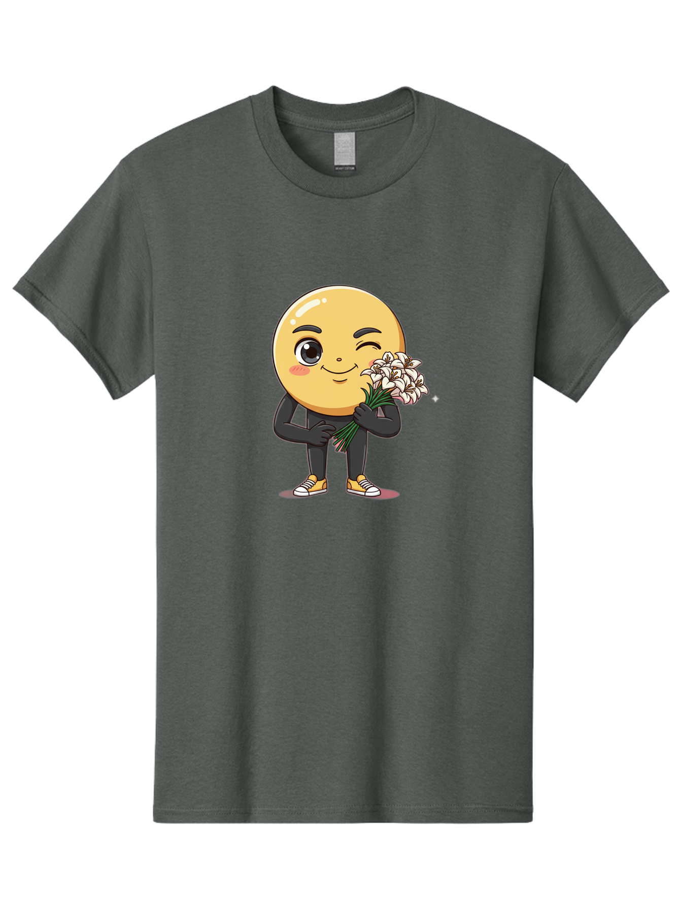 Eggplant-Emoji Men'S Graphic Tee, 100% Cotton, Comfortable Casual Summer Wear, Machine Washable, Happy Face, Cartoon Character, Holding Flowers, Smiley Emoticon, Winking Face, Cute Illustration, White Flowers, Black Outfit, Smiling Face, Bae176