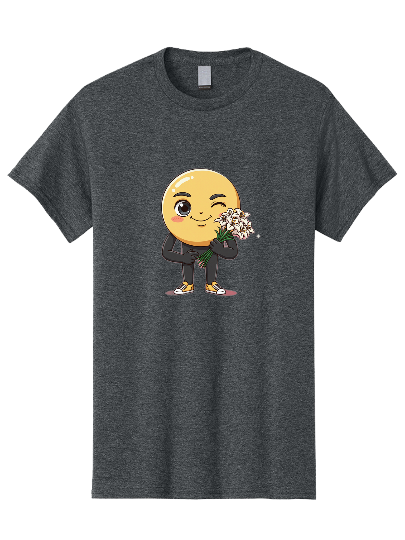 Eggplant-Emoji Men'S Graphic Tee, 100% Cotton, Comfortable Casual Summer Wear, Machine Washable, Happy Face, Cartoon Character, Holding Flowers, Smiley Emoticon, Winking Face, Cute Illustration, White Flowers, Black Outfit, Smiling Face, Bae176