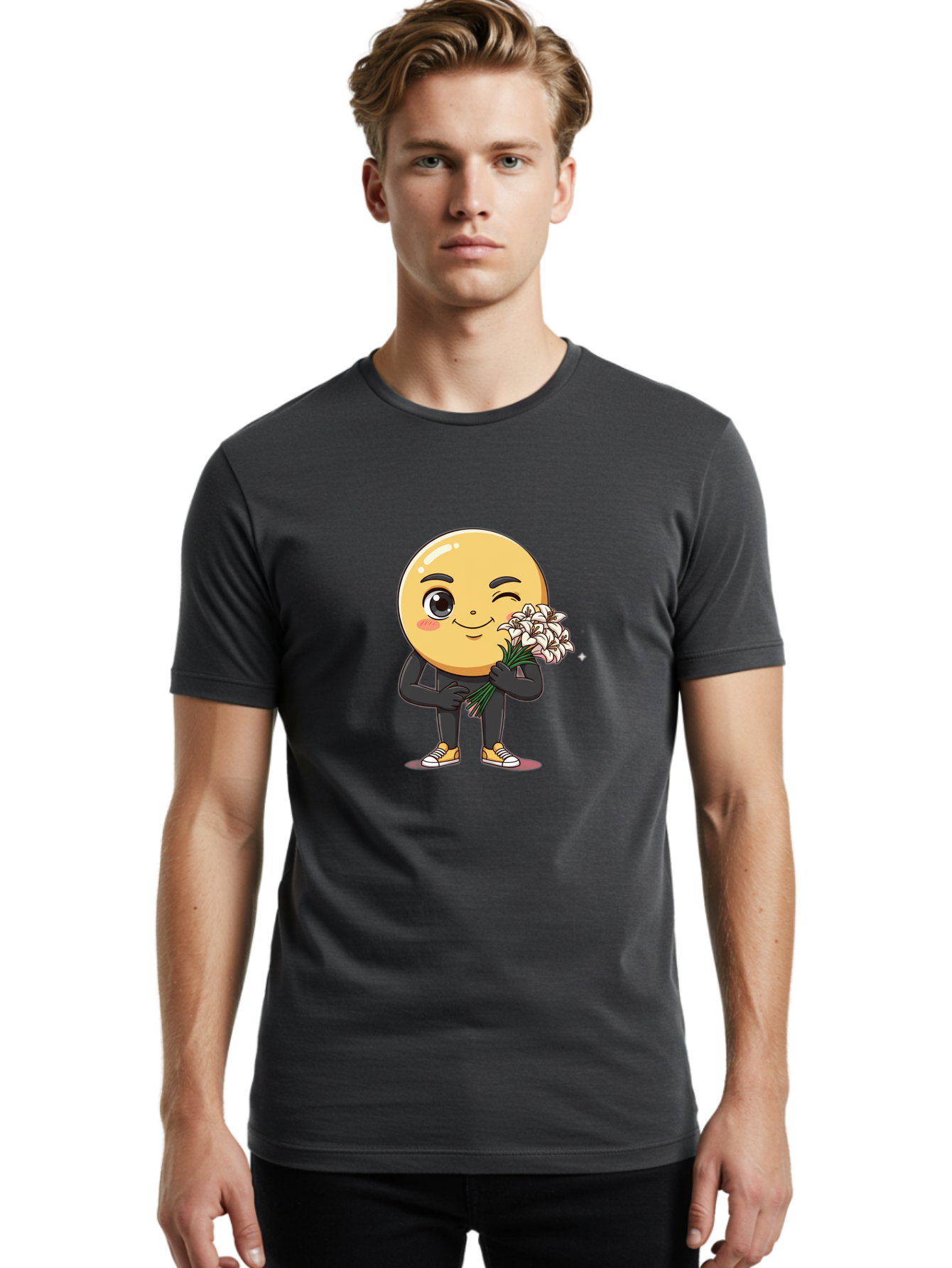 Eggplant-Emoji Men'S Graphic Tee, 100% Cotton, Comfortable Casual Summer Wear, Machine Washable, Happy Face, Cartoon Character, Holding Flowers, Smiley Emoticon, Winking Face, Cute Illustration, White Flowers, Black Outfit, Smiling Face, Bae176