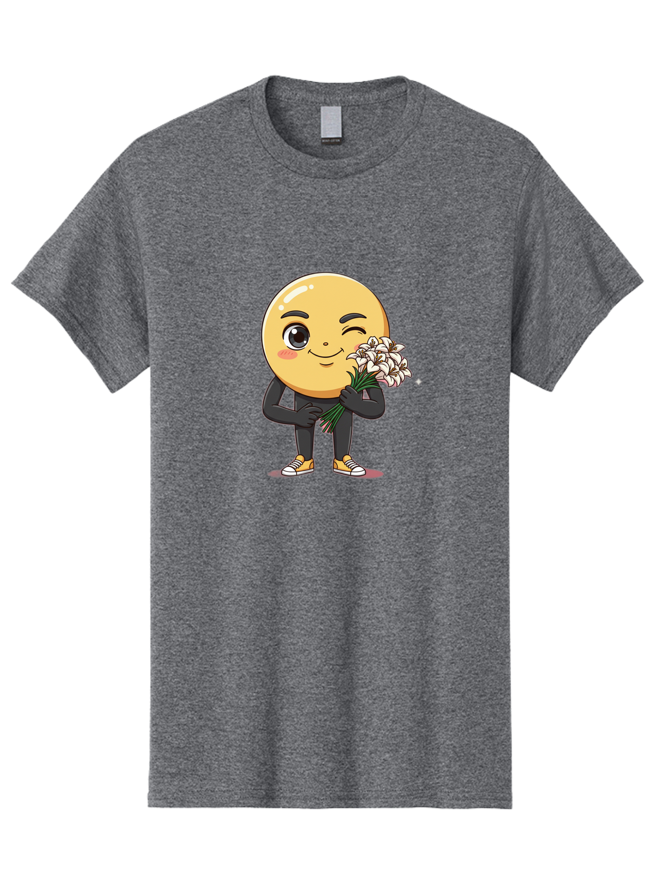 Eggplant-Emoji Men'S Graphic Tee, 100% Cotton, Comfortable Casual Summer Wear, Machine Washable, Happy Face, Cartoon Character, Holding Flowers, Smiley Emoticon, Winking Face, Cute Illustration, White Flowers, Black Outfit, Smiling Face, Bae176
