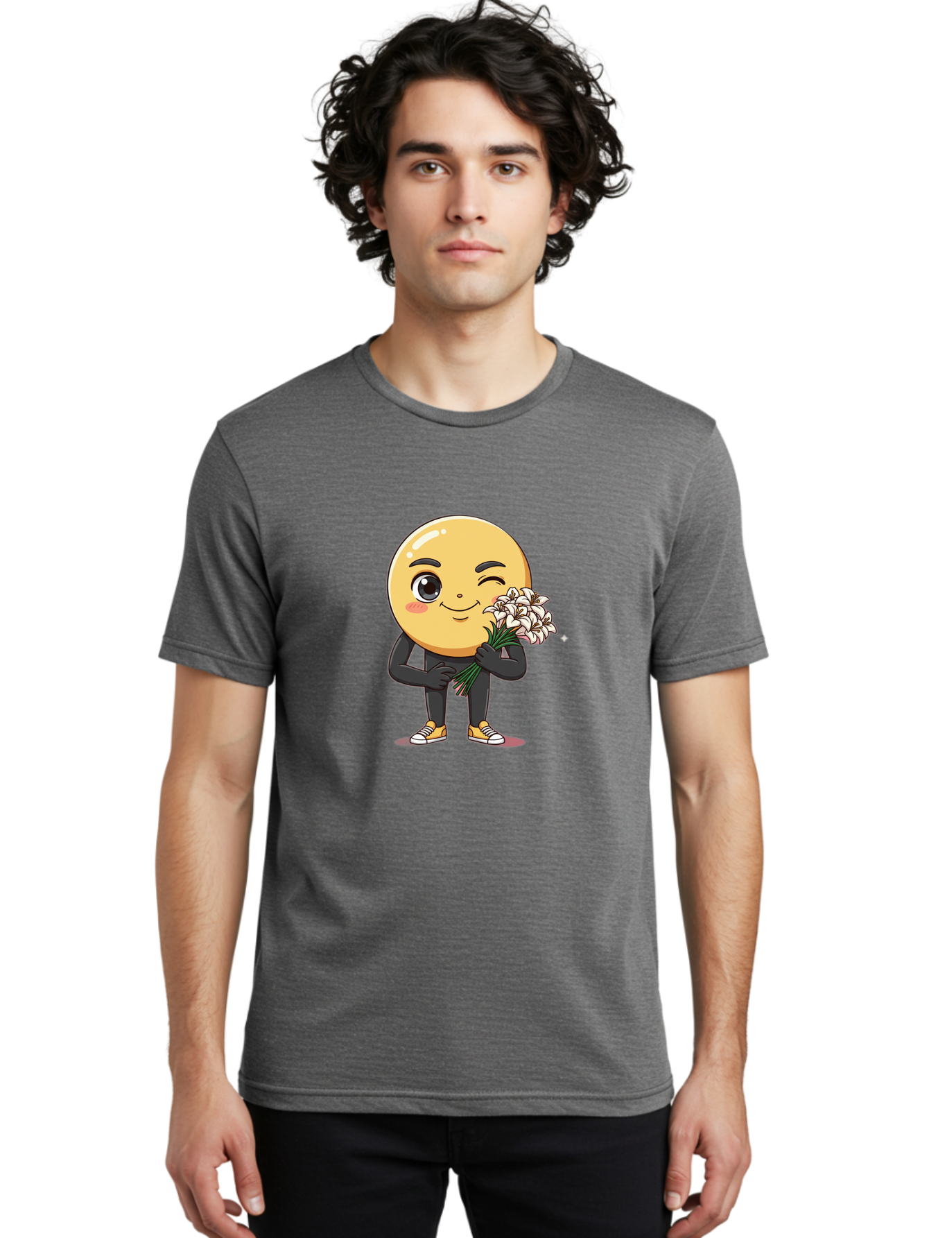 Eggplant-Emoji Men'S Graphic Tee, 100% Cotton, Comfortable Casual Summer Wear, Machine Washable, Happy Face, Cartoon Character, Holding Flowers, Smiley Emoticon, Winking Face, Cute Illustration, White Flowers, Black Outfit, Smiling Face, Bae176
