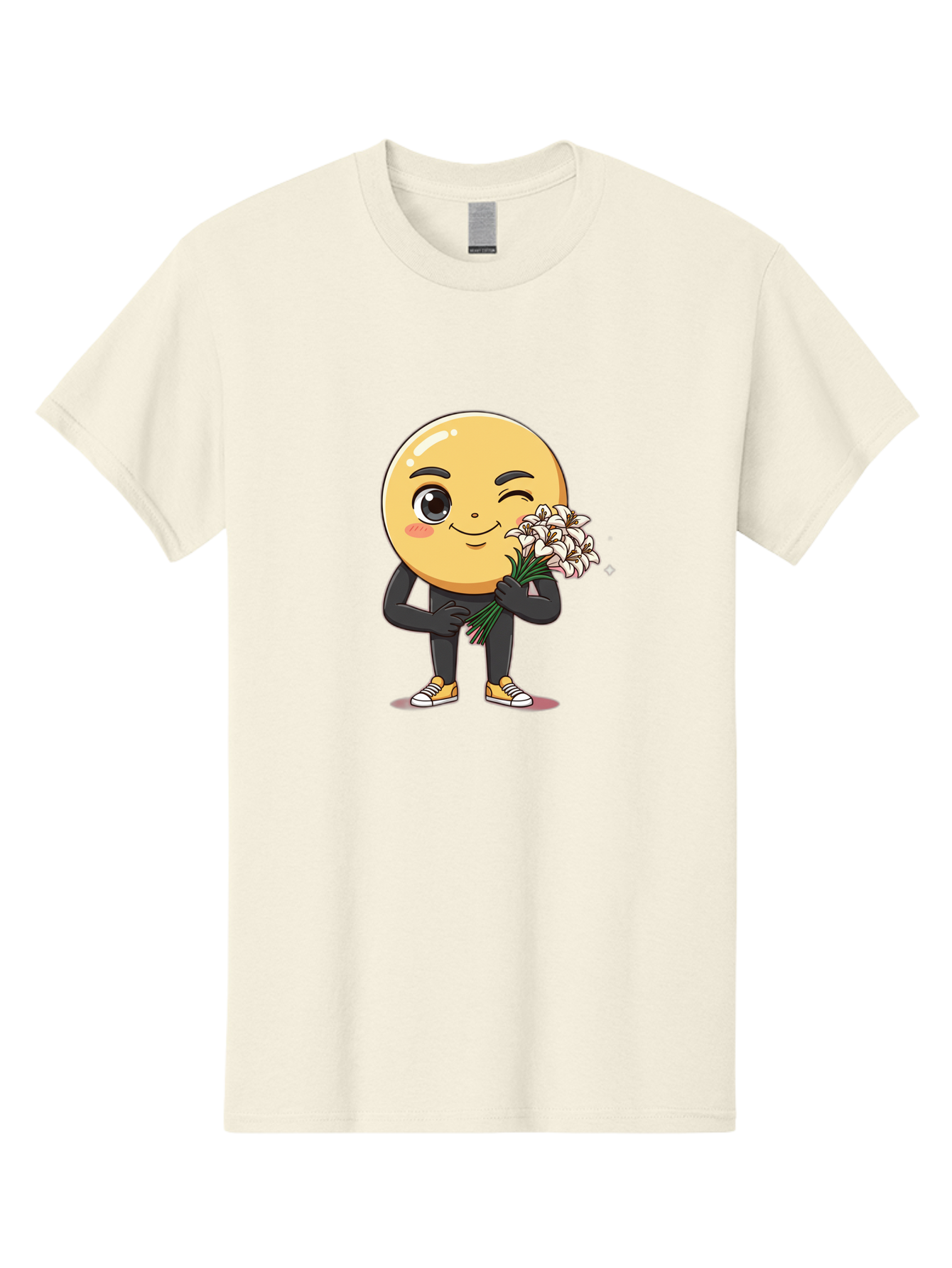 Eggplant-Emoji Men'S Graphic Tee, 100% Cotton, Comfortable Casual Summer Wear, Machine Washable, Happy Face, Cartoon Character, Holding Flowers, Smiley Emoticon, Winking Face, Cute Illustration, White Flowers, Black Outfit, Smiling Face, Bae176