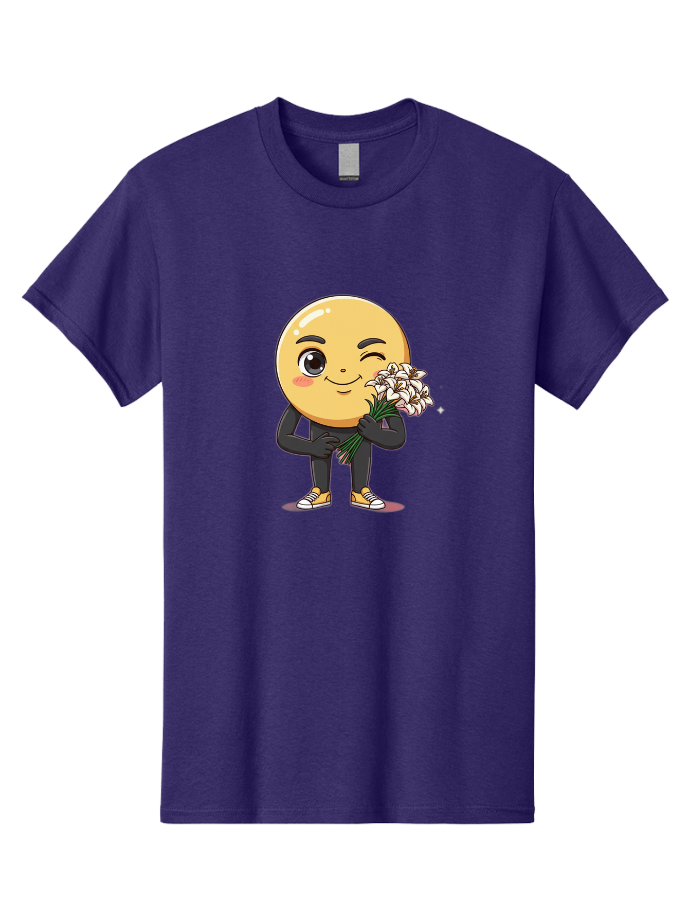 Eggplant-Emoji Men'S Graphic Tee, 100% Cotton, Comfortable Casual Summer Wear, Machine Washable, Happy Face, Cartoon Character, Holding Flowers, Smiley Emoticon, Winking Face, Cute Illustration, White Flowers, Black Outfit, Smiling Face, Bae176