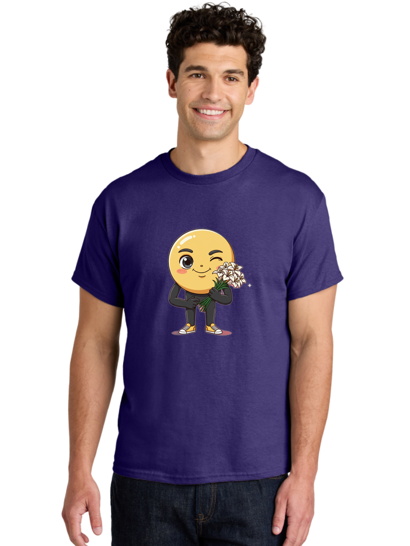 Eggplant-Emoji Men'S Graphic Tee, 100% Cotton, Comfortable Casual Summer Wear, Machine Washable, Happy Face, Cartoon Character, Holding Flowers, Smiley Emoticon, Winking Face, Cute Illustration, White Flowers, Black Outfit, Smiling Face, Bae176