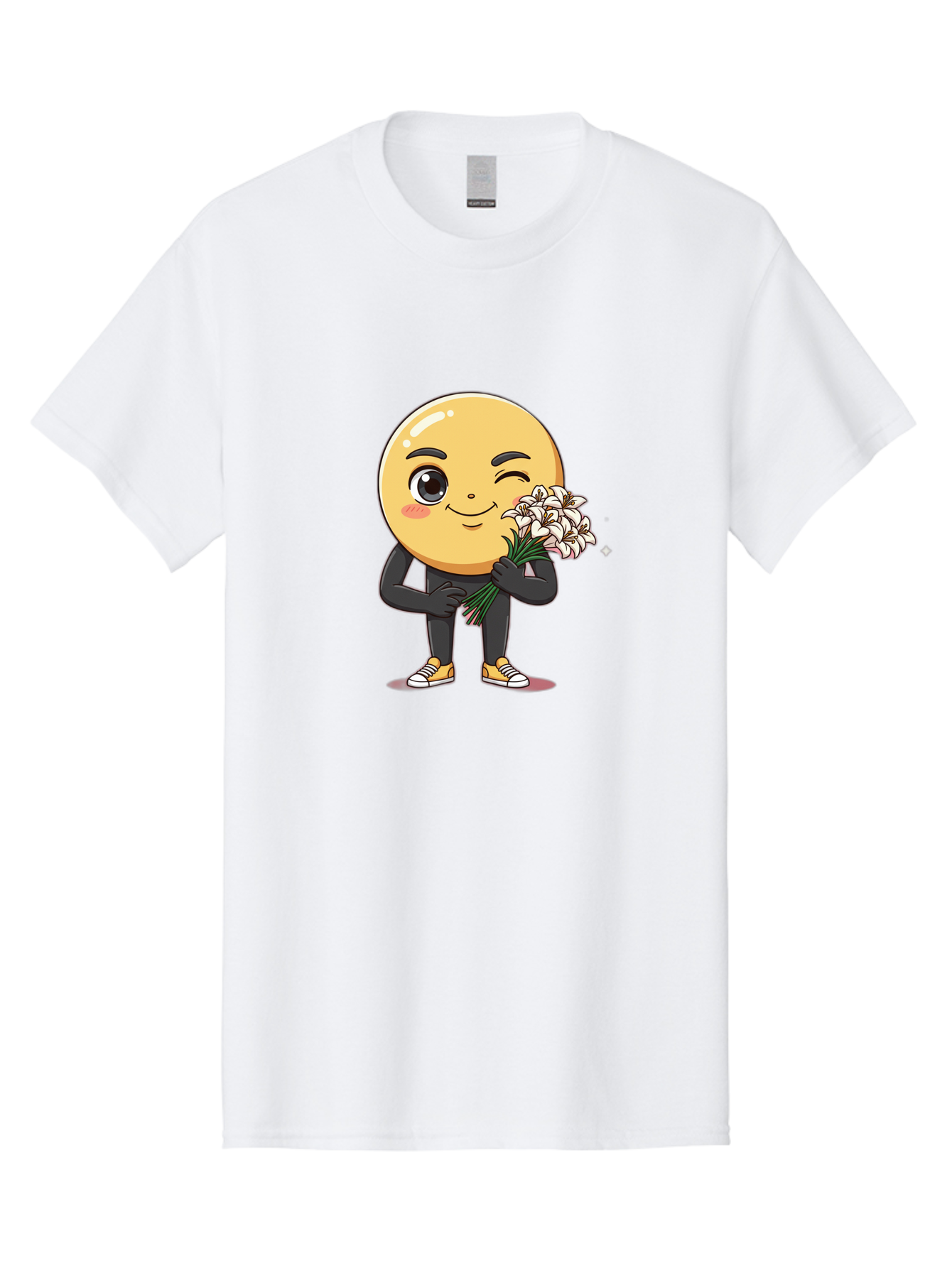Eggplant-Emoji Men'S Graphic Tee, 100% Cotton, Comfortable Casual Summer Wear, Machine Washable, Happy Face, Cartoon Character, Holding Flowers, Smiley Emoticon, Winking Face, Cute Illustration, White Flowers, Black Outfit, Smiling Face, Bae176