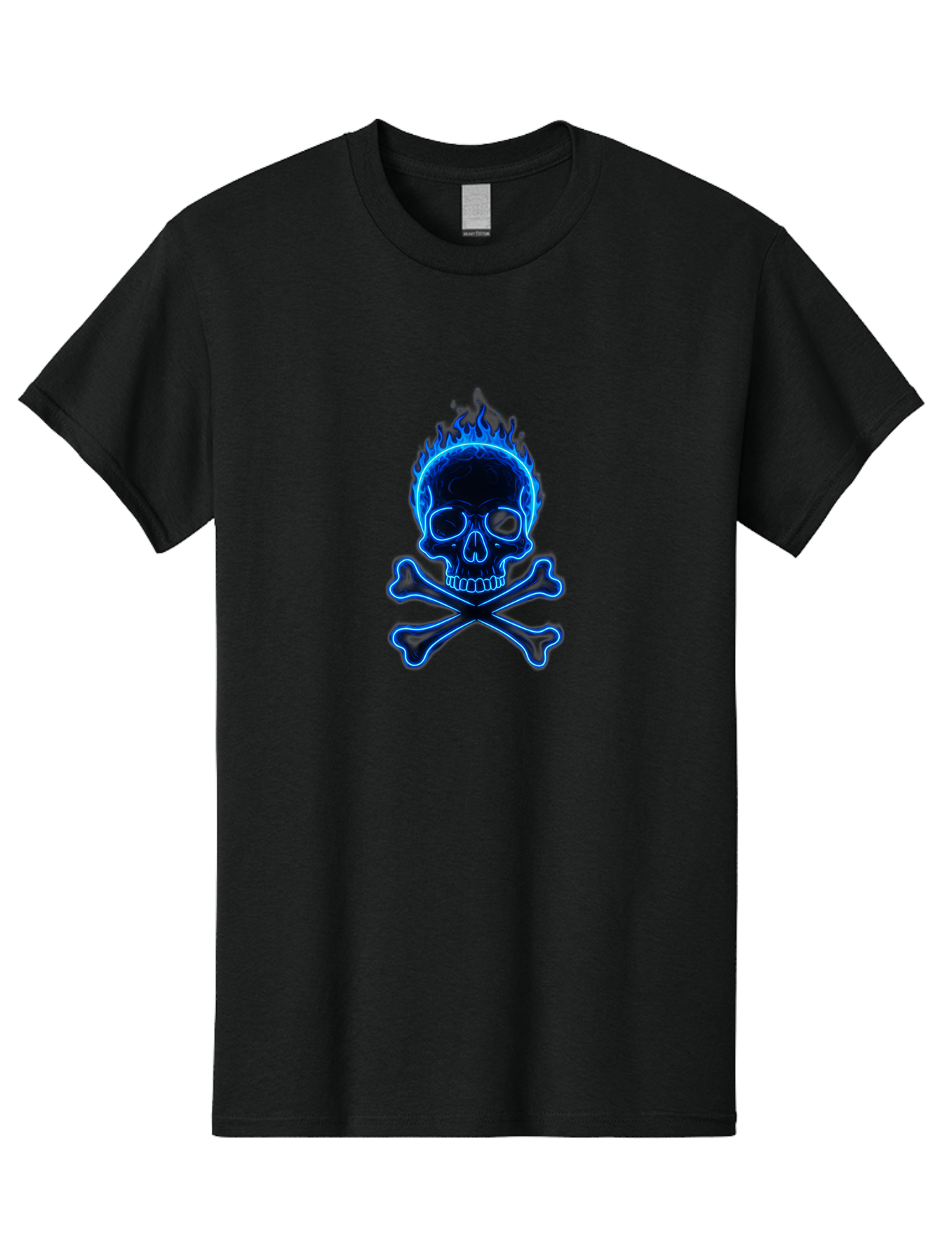 Flaming-Skull-And-Crossbones Men'S Graphic Tee, 100% Cotton, Comfortable Casual Summer Wear, Machine Washable, Skull And Crossbones, Danger Symbol, Death Sign, Pirate Flag, Toxic Warning, Hazardous Materials, Neon Effect, Glowing Blue, Bae177