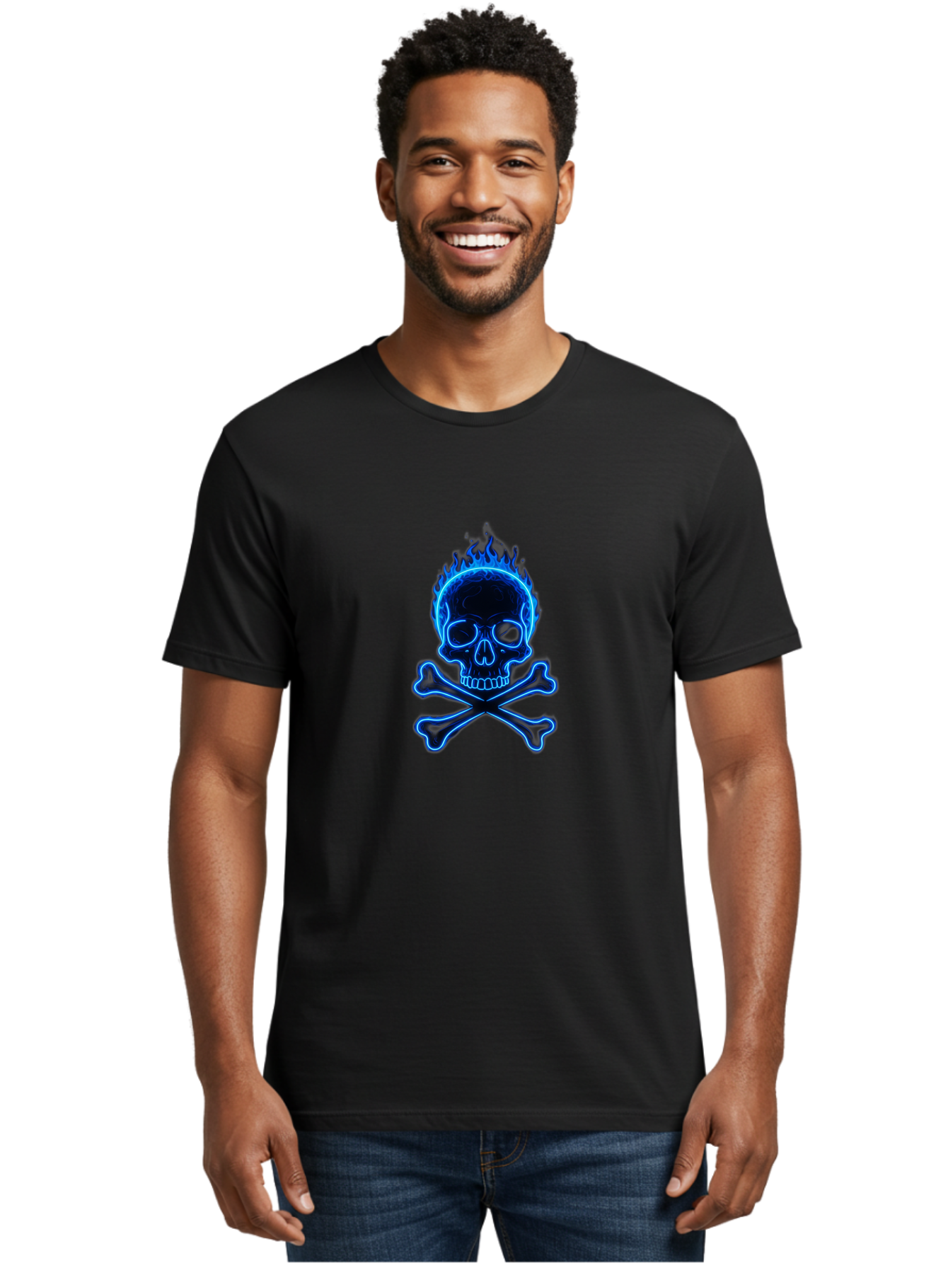 Flaming-Skull-And-Crossbones Men'S Graphic Tee, 100% Cotton, Comfortable Casual Summer Wear, Machine Washable, Skull And Crossbones, Danger Symbol, Death Sign, Pirate Flag, Toxic Warning, Hazardous Materials, Neon Effect, Glowing Blue, Bae177