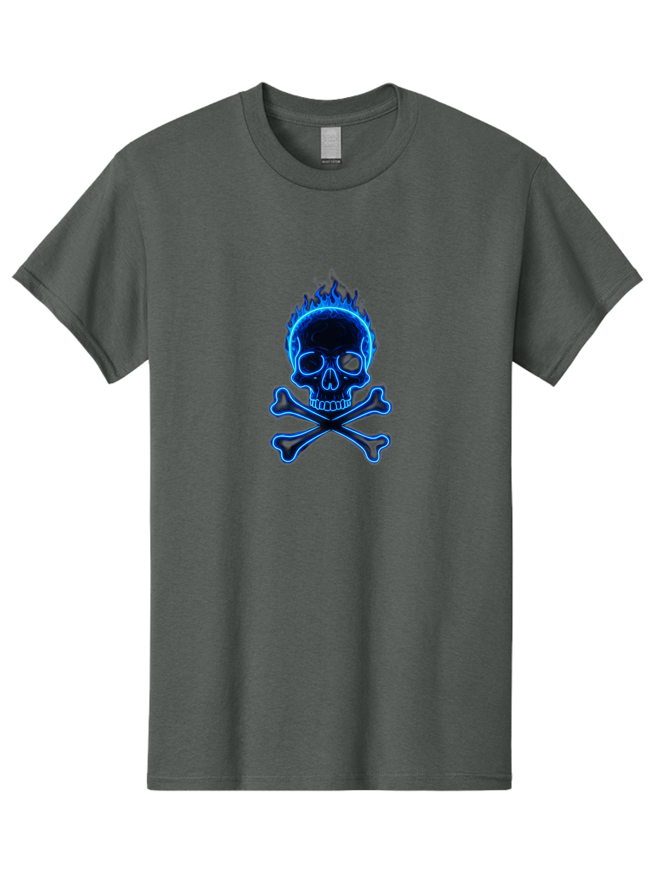 Flaming-Skull-And-Crossbones Men'S Graphic Tee, 100% Cotton, Comfortable Casual Summer Wear, Machine Washable, Skull And Crossbones, Danger Symbol, Death Sign, Pirate Flag, Toxic Warning, Hazardous Materials, Neon Effect, Glowing Blue, Bae177