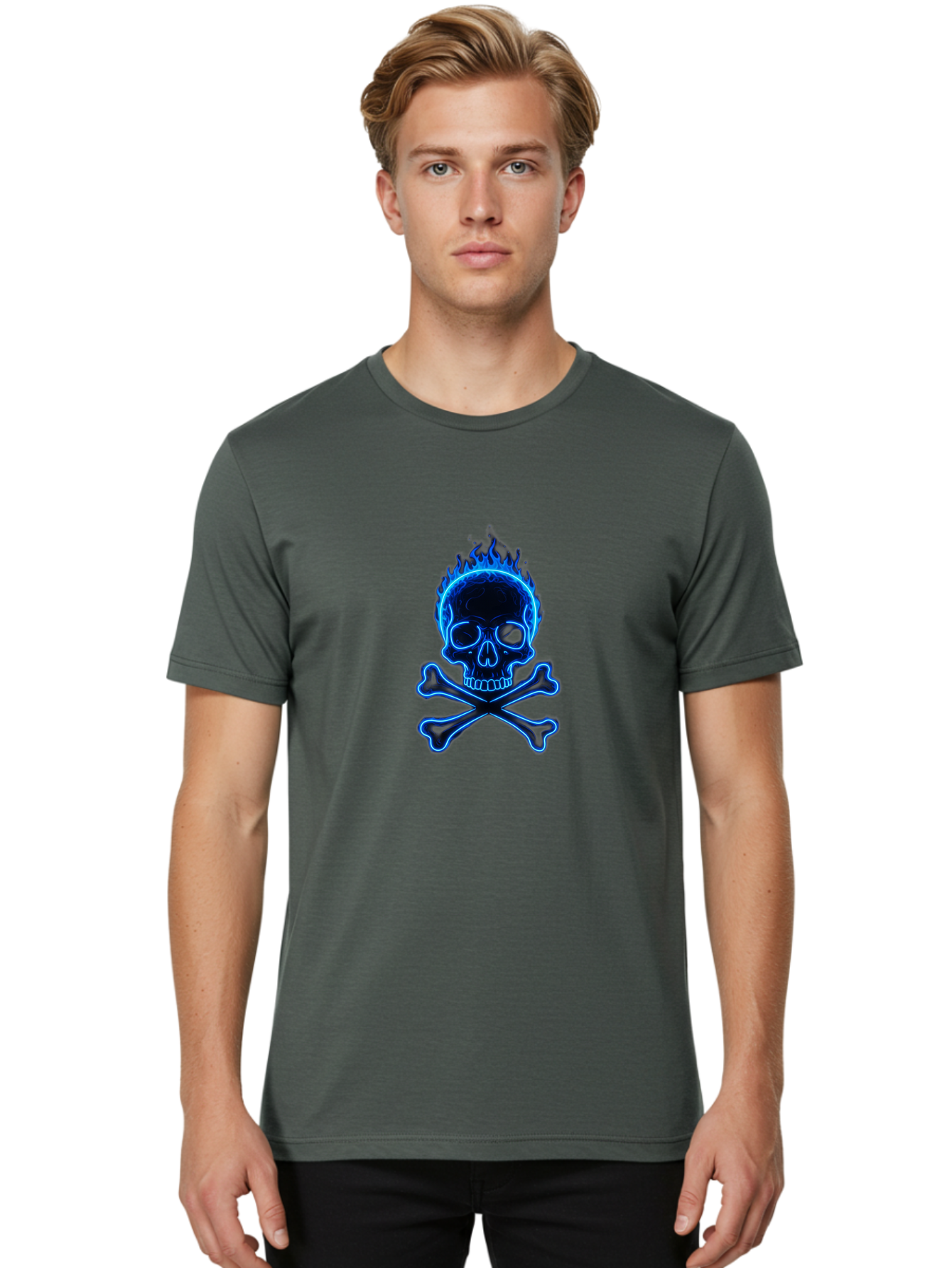 Flaming-Skull-And-Crossbones Men'S Graphic Tee, 100% Cotton, Comfortable Casual Summer Wear, Machine Washable, Skull And Crossbones, Danger Symbol, Death Sign, Pirate Flag, Toxic Warning, Hazardous Materials, Neon Effect, Glowing Blue, Bae177