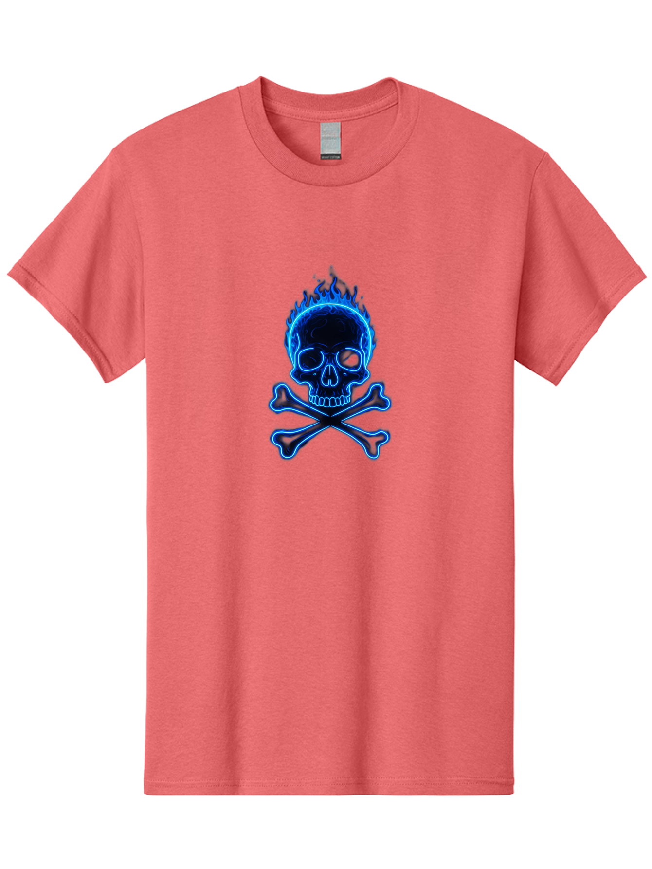 Flaming-Skull-And-Crossbones Men'S Graphic Tee, 100% Cotton, Comfortable Casual Summer Wear, Machine Washable, Skull And Crossbones, Danger Symbol, Death Sign, Pirate Flag, Toxic Warning, Hazardous Materials, Neon Effect, Glowing Blue, Bae177