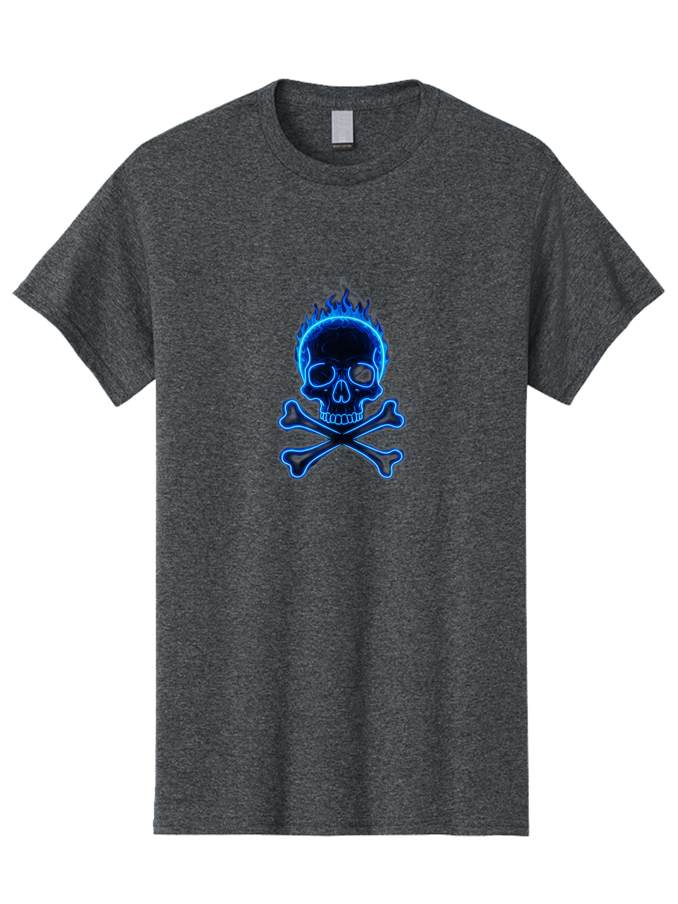 Flaming-Skull-And-Crossbones Men'S Graphic Tee, 100% Cotton, Comfortable Casual Summer Wear, Machine Washable, Skull And Crossbones, Danger Symbol, Death Sign, Pirate Flag, Toxic Warning, Hazardous Materials, Neon Effect, Glowing Blue, Bae177