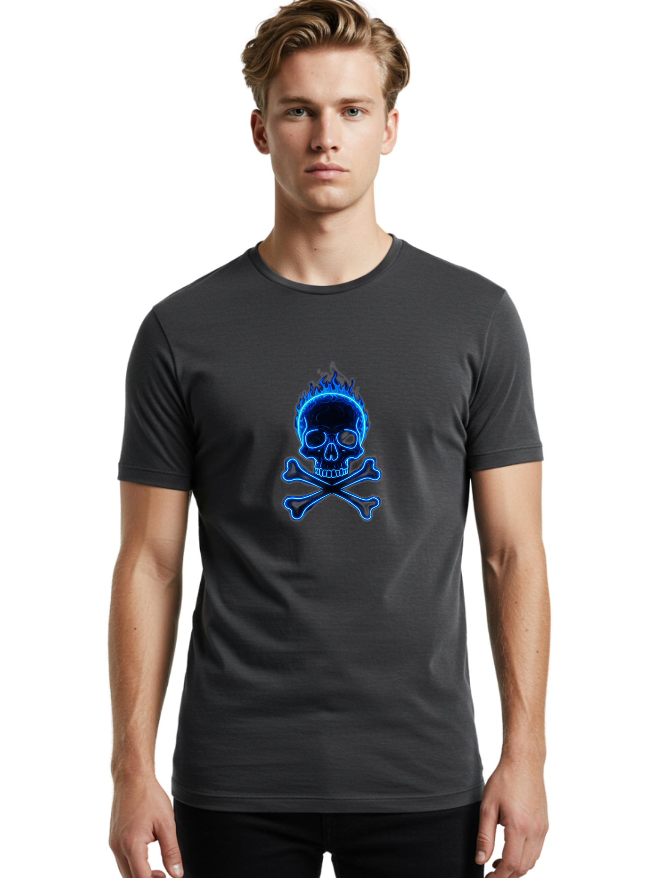 Flaming-Skull-And-Crossbones Men'S Graphic Tee, 100% Cotton, Comfortable Casual Summer Wear, Machine Washable, Skull And Crossbones, Danger Symbol, Death Sign, Pirate Flag, Toxic Warning, Hazardous Materials, Neon Effect, Glowing Blue, Bae177