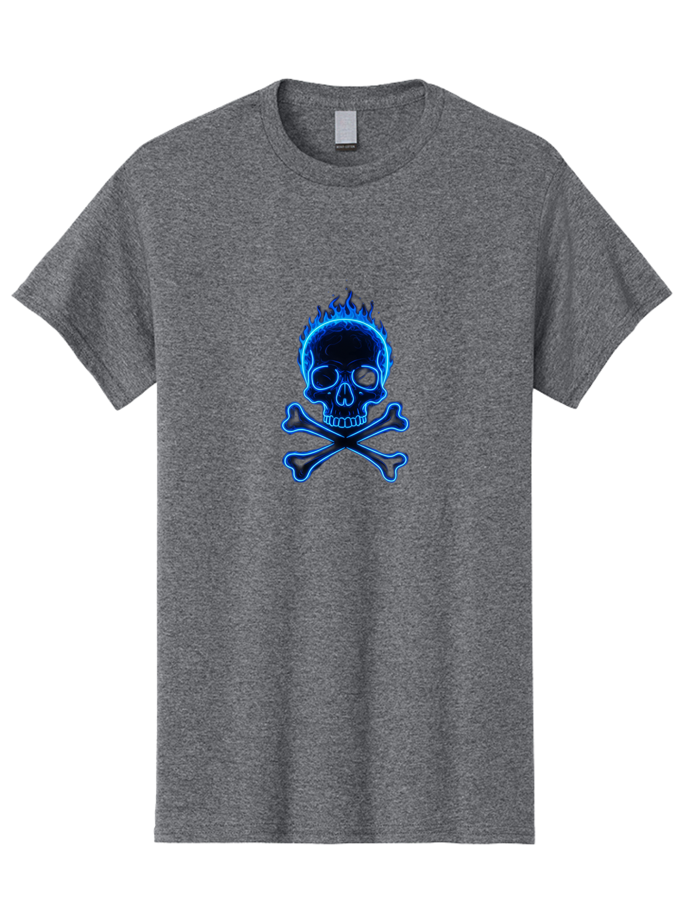 Flaming-Skull-And-Crossbones Men'S Graphic Tee, 100% Cotton, Comfortable Casual Summer Wear, Machine Washable, Skull And Crossbones, Danger Symbol, Death Sign, Pirate Flag, Toxic Warning, Hazardous Materials, Neon Effect, Glowing Blue, Bae177