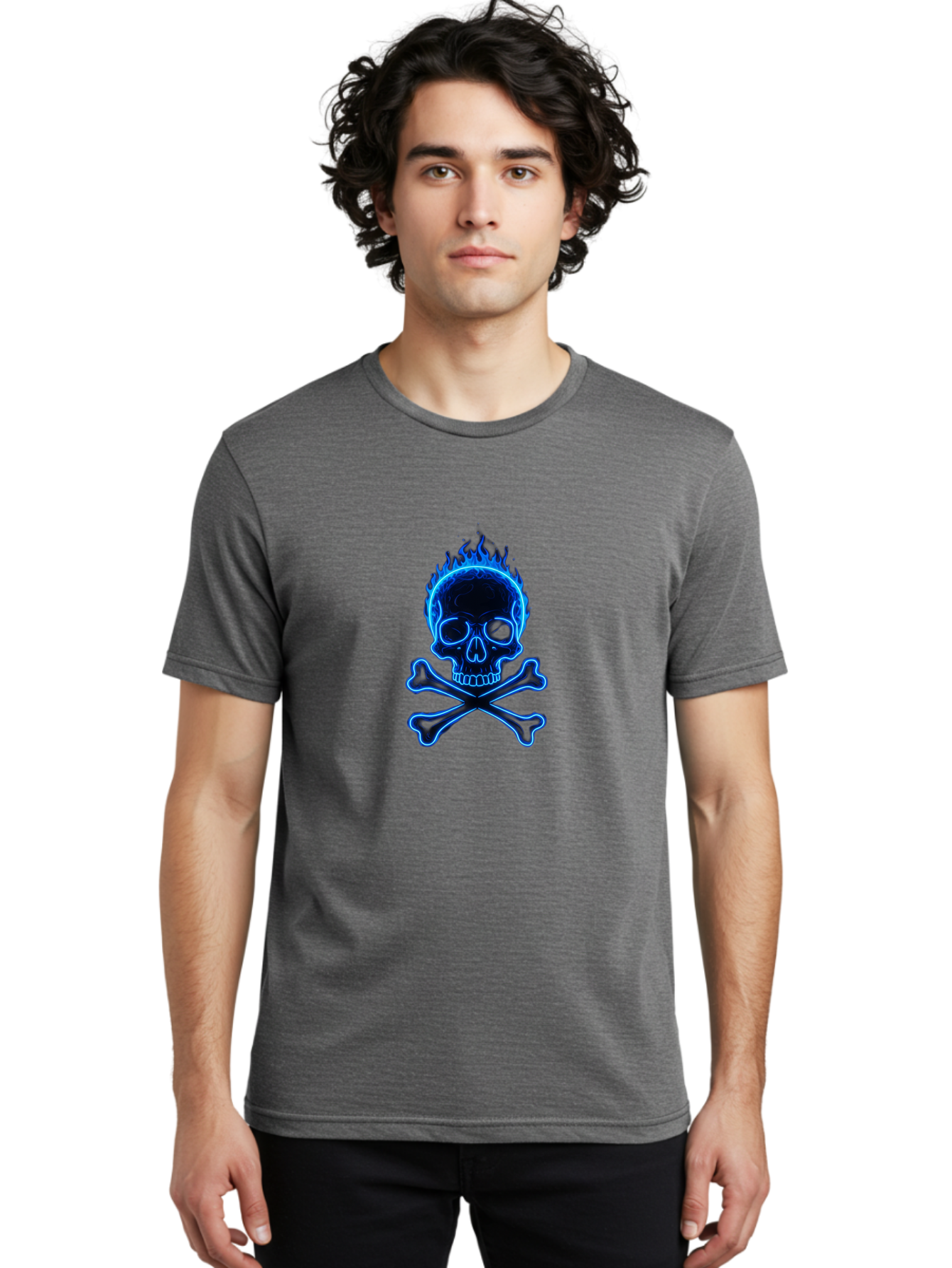 Flaming-Skull-And-Crossbones Men'S Graphic Tee, 100% Cotton, Comfortable Casual Summer Wear, Machine Washable, Skull And Crossbones, Danger Symbol, Death Sign, Pirate Flag, Toxic Warning, Hazardous Materials, Neon Effect, Glowing Blue, Bae177