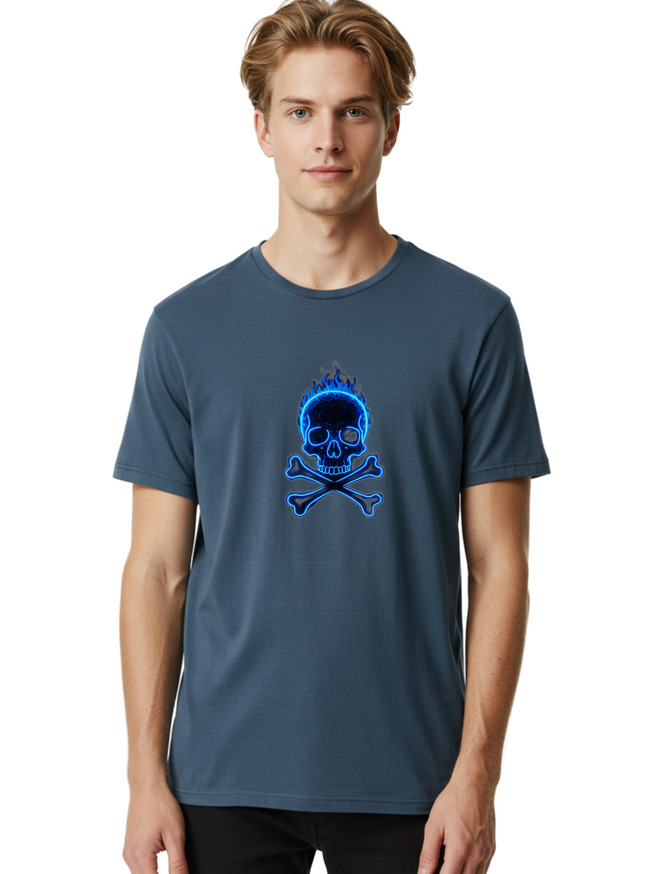 Flaming-Skull-And-Crossbones Men'S Graphic Tee, 100% Cotton, Comfortable Casual Summer Wear, Machine Washable, Skull And Crossbones, Danger Symbol, Death Sign, Pirate Flag, Toxic Warning, Hazardous Materials, Neon Effect, Glowing Blue, Bae177