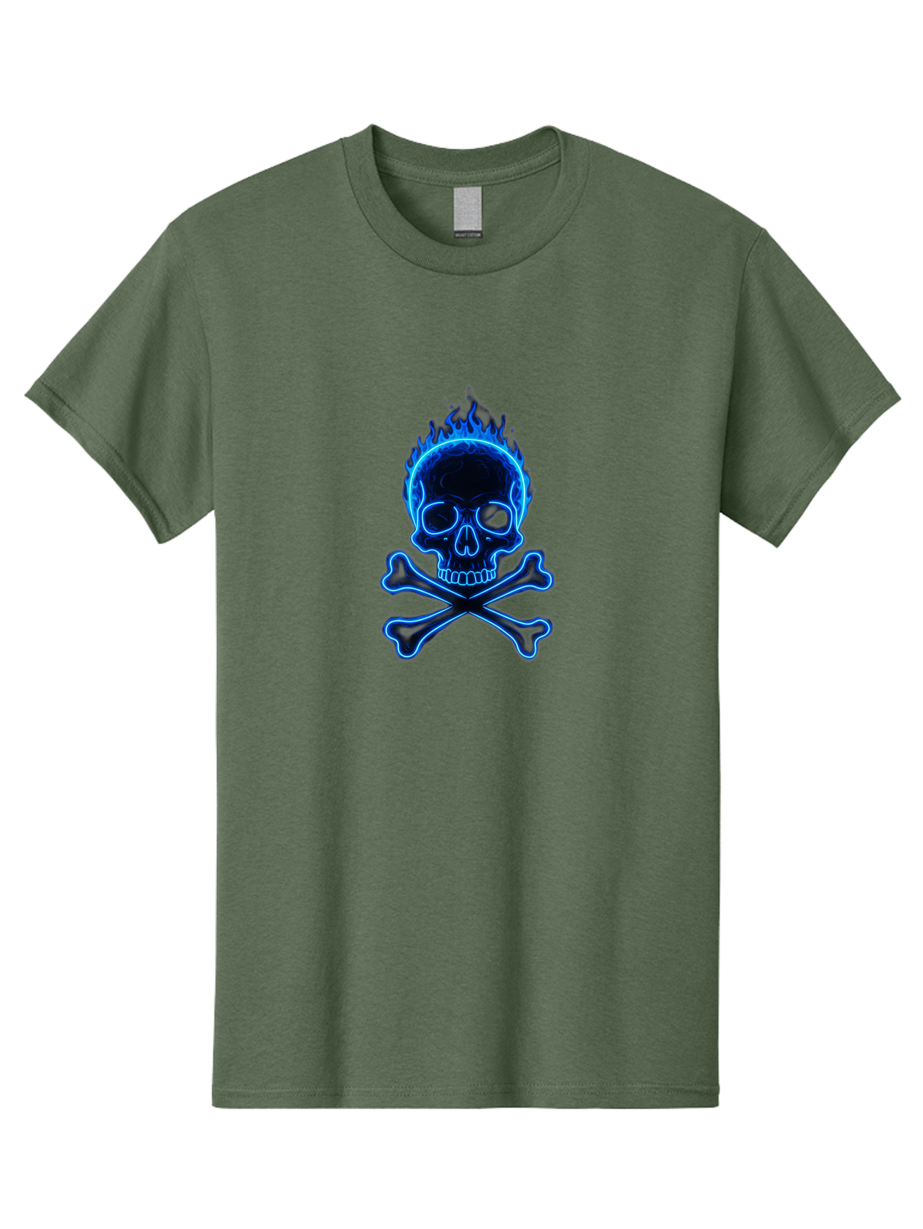 Flaming-Skull-And-Crossbones Men'S Graphic Tee, 100% Cotton, Comfortable Casual Summer Wear, Machine Washable, Skull And Crossbones, Danger Symbol, Death Sign, Pirate Flag, Toxic Warning, Hazardous Materials, Neon Effect, Glowing Blue, Bae177