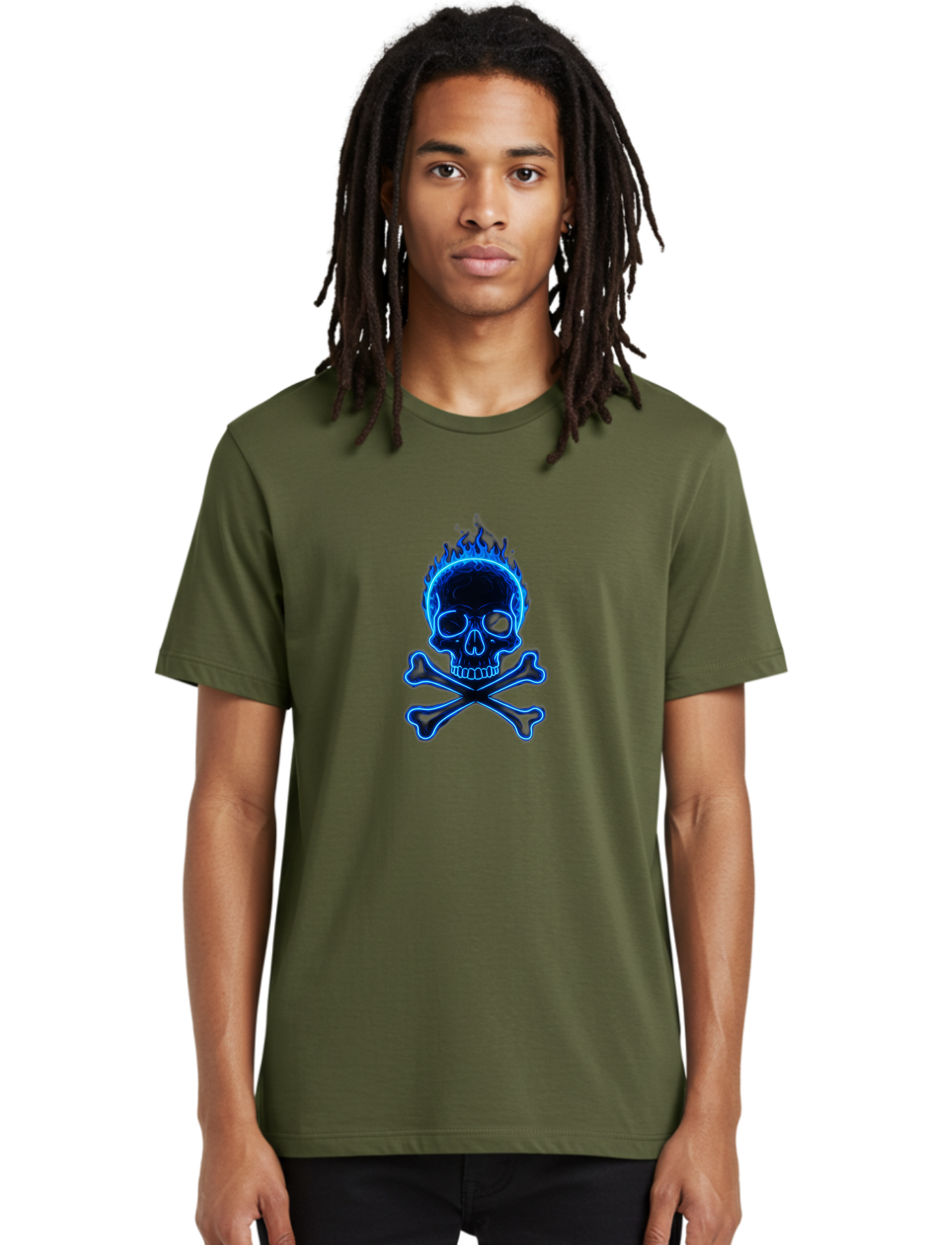 Flaming-Skull-And-Crossbones Men'S Graphic Tee, 100% Cotton, Comfortable Casual Summer Wear, Machine Washable, Skull And Crossbones, Danger Symbol, Death Sign, Pirate Flag, Toxic Warning, Hazardous Materials, Neon Effect, Glowing Blue, Bae177