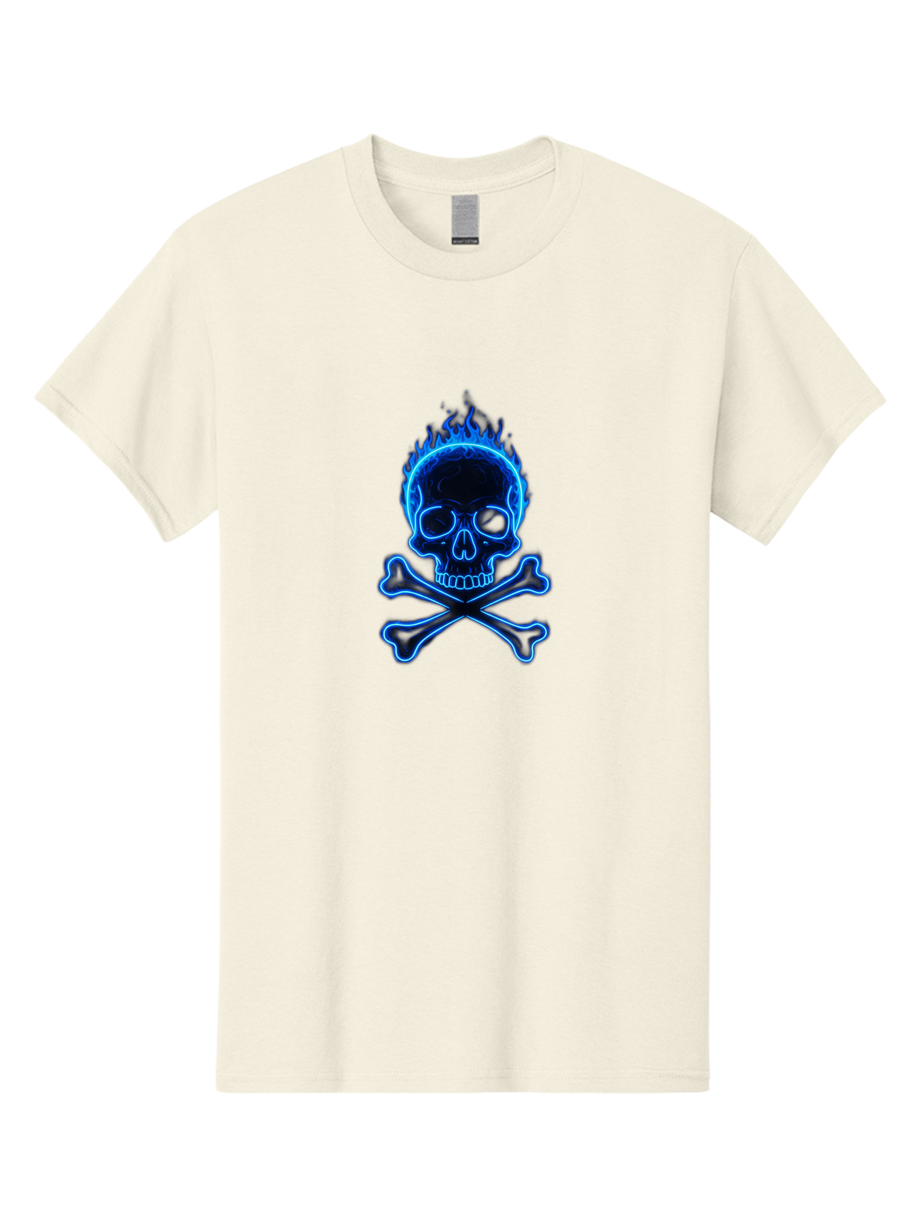 Flaming-Skull-And-Crossbones Men'S Graphic Tee, 100% Cotton, Comfortable Casual Summer Wear, Machine Washable, Skull And Crossbones, Danger Symbol, Death Sign, Pirate Flag, Toxic Warning, Hazardous Materials, Neon Effect, Glowing Blue, Bae177