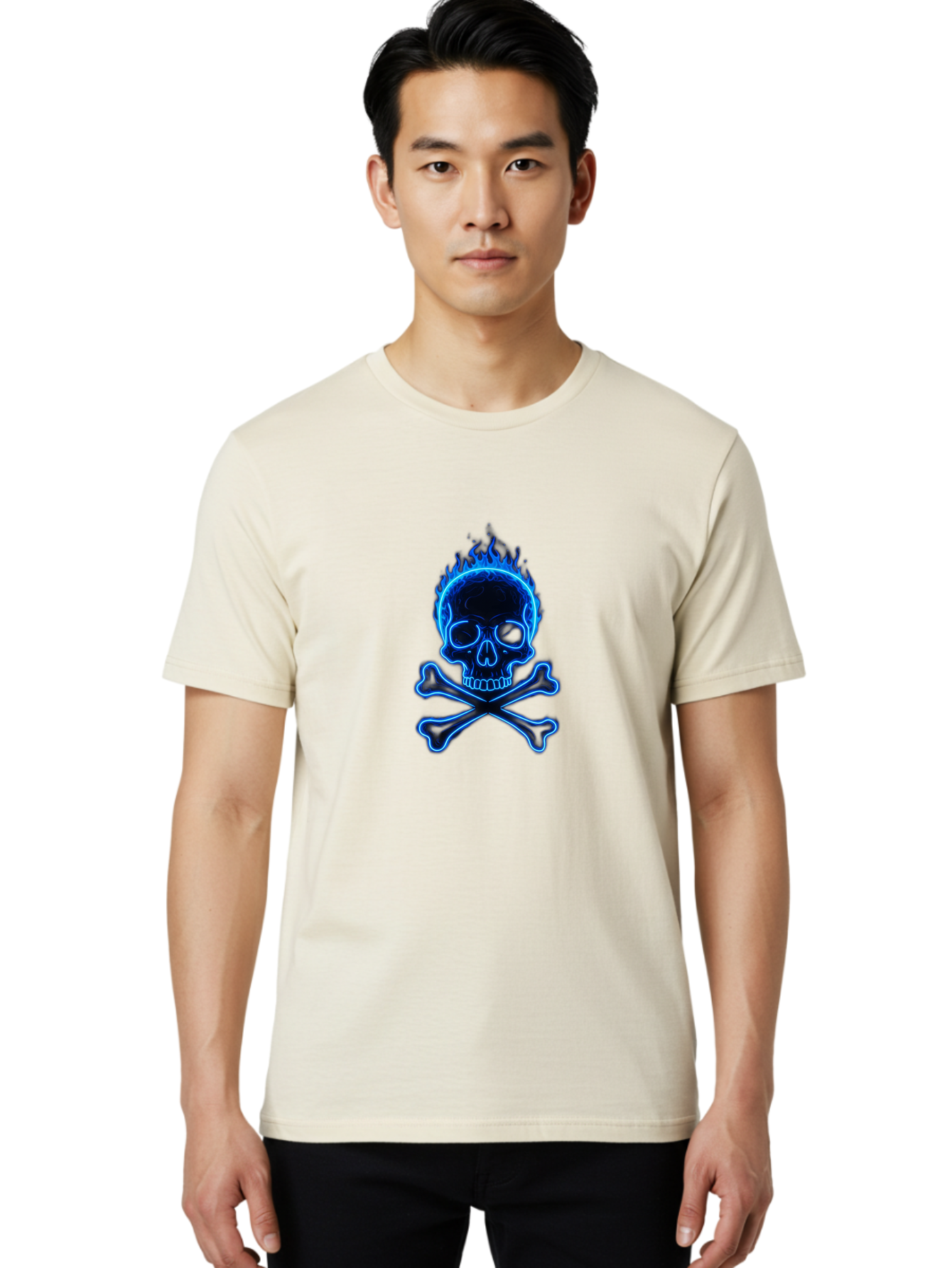 Flaming-Skull-And-Crossbones Men'S Graphic Tee, 100% Cotton, Comfortable Casual Summer Wear, Machine Washable, Skull And Crossbones, Danger Symbol, Death Sign, Pirate Flag, Toxic Warning, Hazardous Materials, Neon Effect, Glowing Blue, Bae177