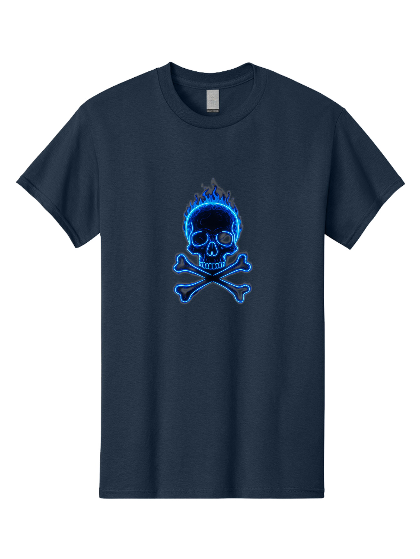Flaming-Skull-And-Crossbones Men'S Graphic Tee, 100% Cotton, Comfortable Casual Summer Wear, Machine Washable, Skull And Crossbones, Danger Symbol, Death Sign, Pirate Flag, Toxic Warning, Hazardous Materials, Neon Effect, Glowing Blue, Bae177