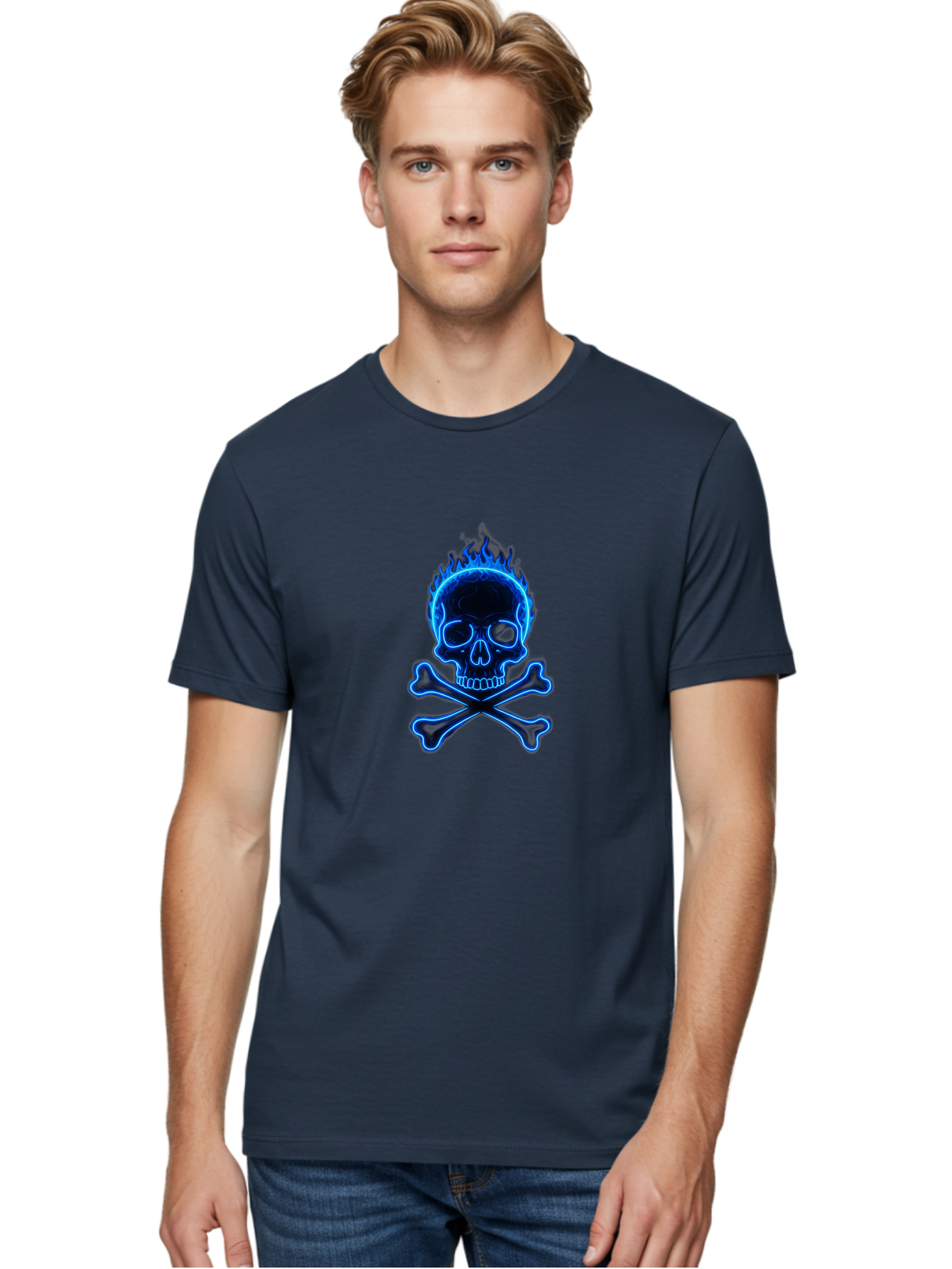 Flaming-Skull-And-Crossbones Men'S Graphic Tee, 100% Cotton, Comfortable Casual Summer Wear, Machine Washable, Skull And Crossbones, Danger Symbol, Death Sign, Pirate Flag, Toxic Warning, Hazardous Materials, Neon Effect, Glowing Blue, Bae177