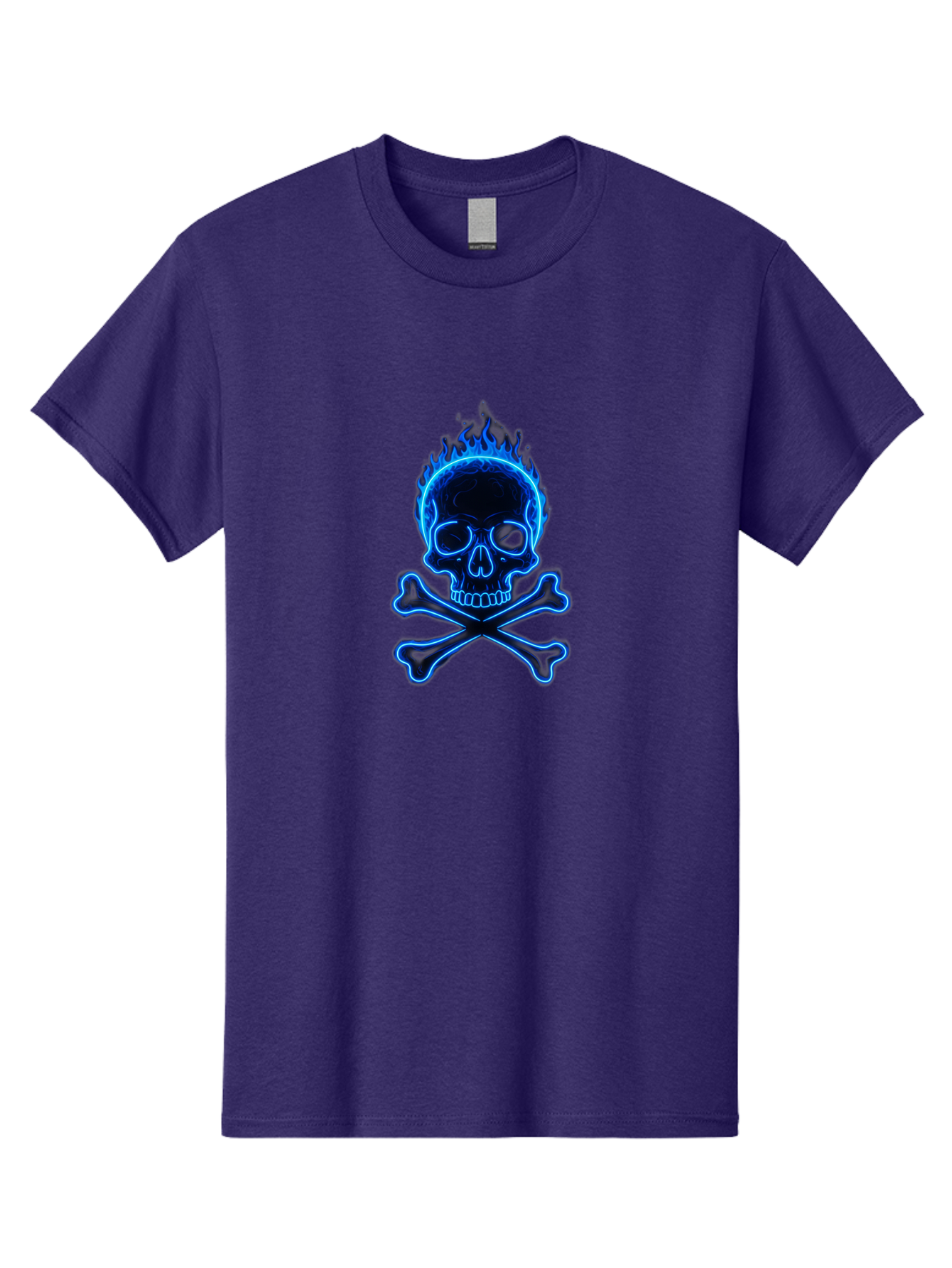 Flaming-Skull-And-Crossbones Men'S Graphic Tee, 100% Cotton, Comfortable Casual Summer Wear, Machine Washable, Skull And Crossbones, Danger Symbol, Death Sign, Pirate Flag, Toxic Warning, Hazardous Materials, Neon Effect, Glowing Blue, Bae177