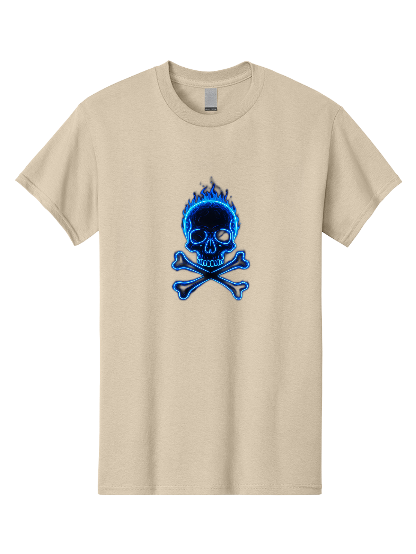 Flaming-Skull-And-Crossbones Men'S Graphic Tee, 100% Cotton, Comfortable Casual Summer Wear, Machine Washable, Skull And Crossbones, Danger Symbol, Death Sign, Pirate Flag, Toxic Warning, Hazardous Materials, Neon Effect, Glowing Blue, Bae177