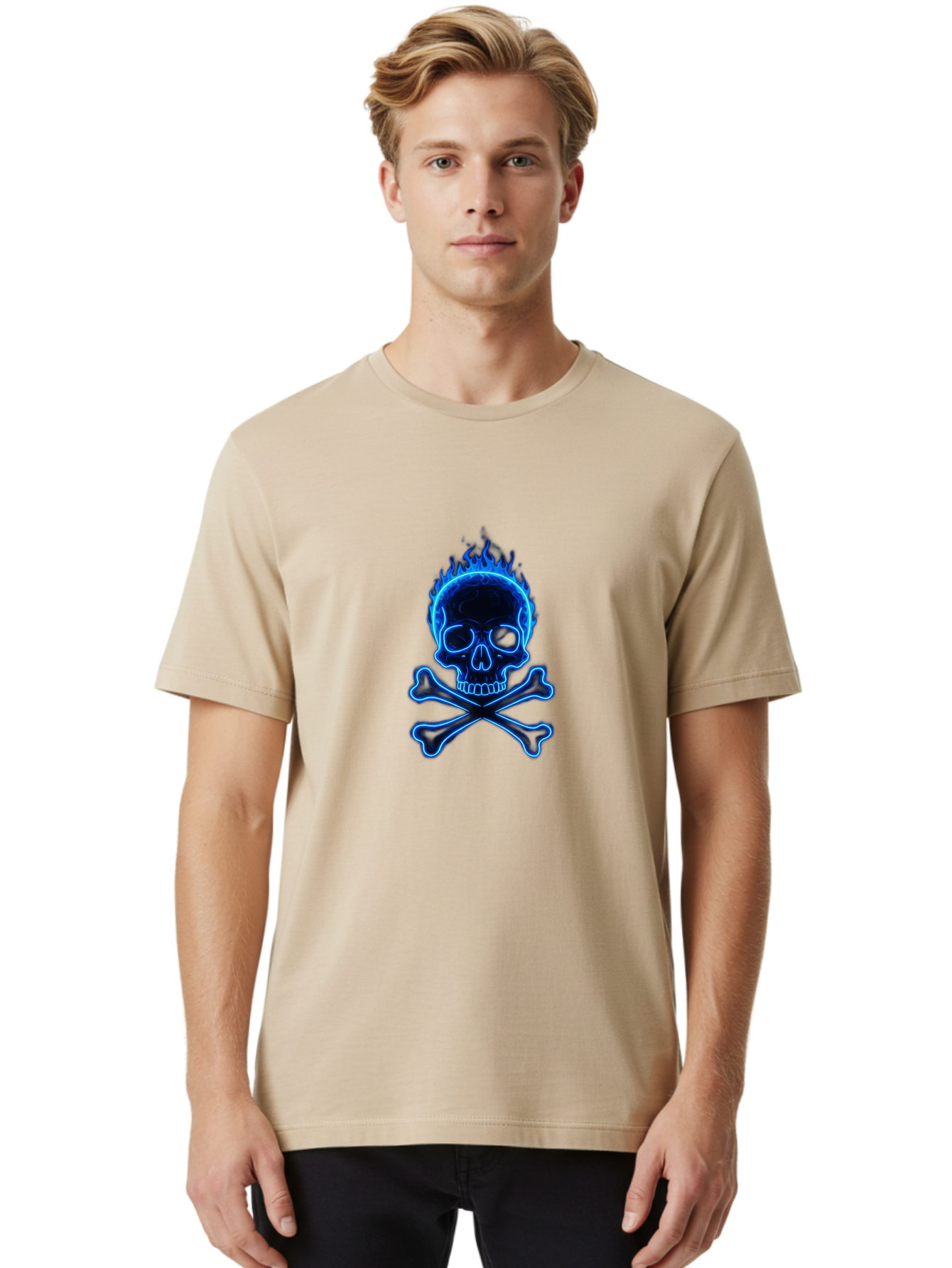 Flaming-Skull-And-Crossbones Men'S Graphic Tee, 100% Cotton, Comfortable Casual Summer Wear, Machine Washable, Skull And Crossbones, Danger Symbol, Death Sign, Pirate Flag, Toxic Warning, Hazardous Materials, Neon Effect, Glowing Blue, Bae177