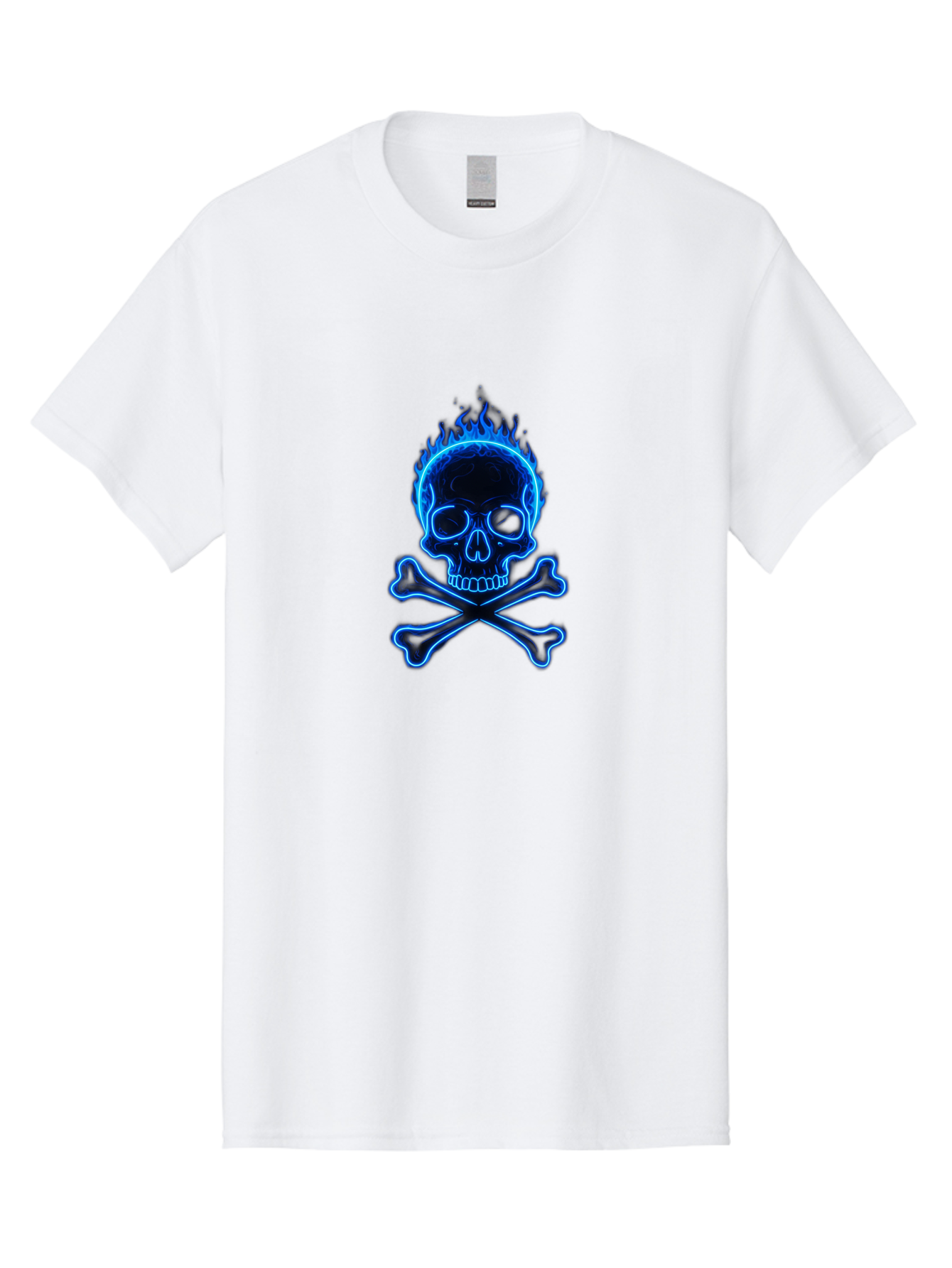 Flaming-Skull-And-Crossbones Men'S Graphic Tee, 100% Cotton, Comfortable Casual Summer Wear, Machine Washable, Skull And Crossbones, Danger Symbol, Death Sign, Pirate Flag, Toxic Warning, Hazardous Materials, Neon Effect, Glowing Blue, Bae177