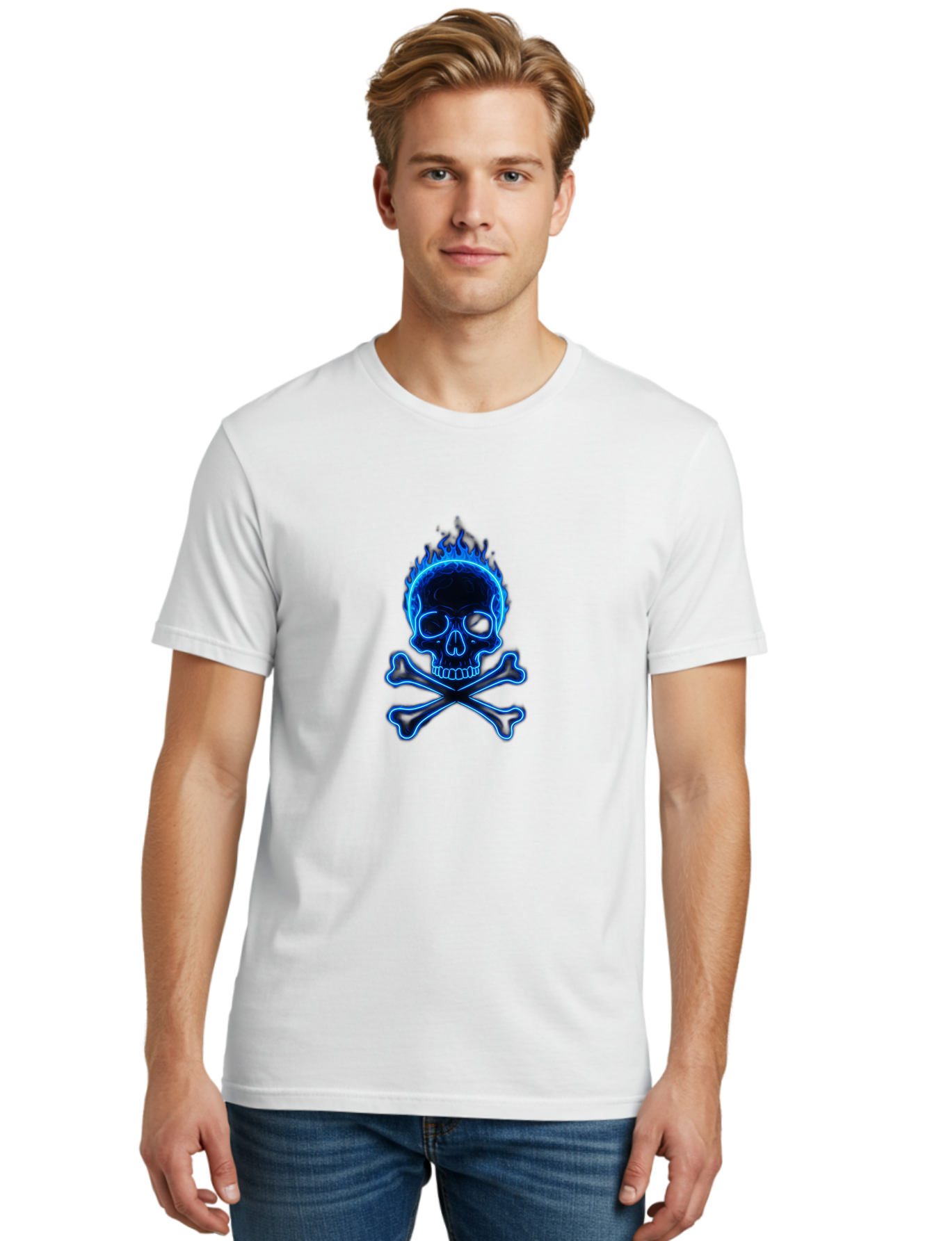 Flaming-Skull-And-Crossbones Men'S Graphic Tee, 100% Cotton, Comfortable Casual Summer Wear, Machine Washable, Skull And Crossbones, Danger Symbol, Death Sign, Pirate Flag, Toxic Warning, Hazardous Materials, Neon Effect, Glowing Blue, Bae177
