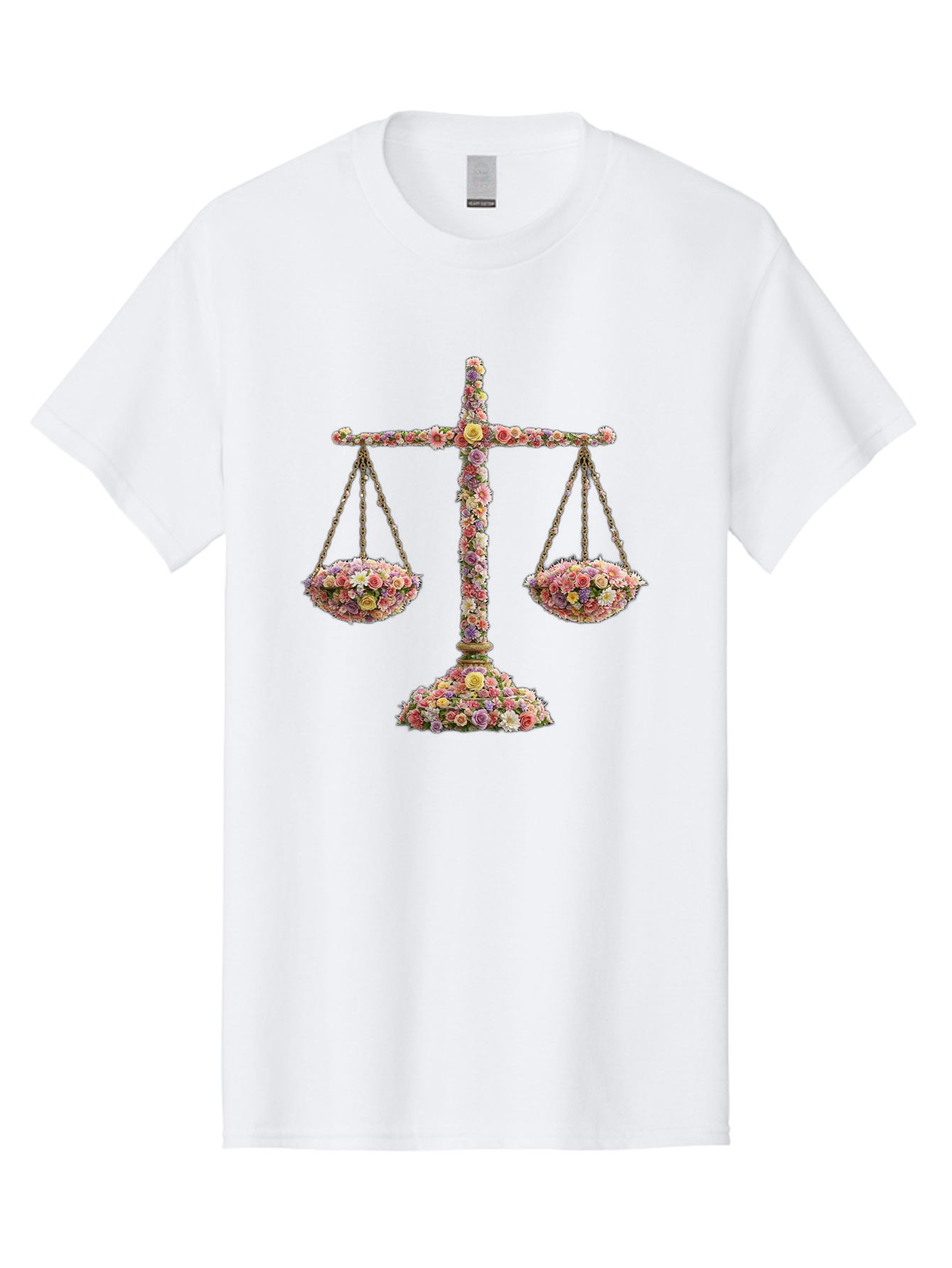 Floral-Scales Men'S Graphic Tee, 100% Cotton, Comfortable Casual Summer Wear, Machine Washable, Scale With Flowers, Floral Arrangement, Balance And Harmony, Beautiful Bouquet, Pastel Colors, Delicate Petals, Symmetry, Equilibrium Bae178