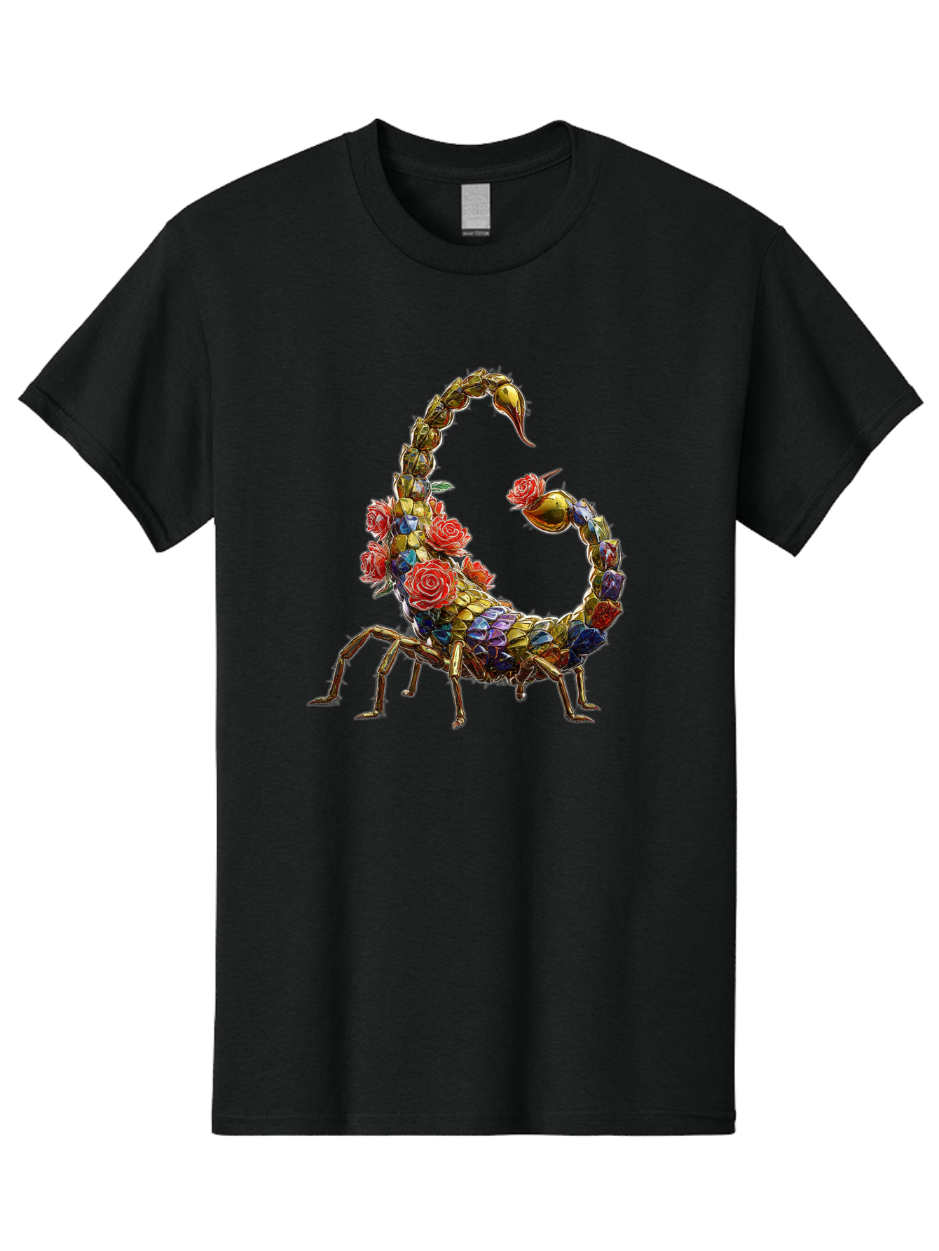 Floral-Scorpion Men'S Graphic Tee, 100% Cotton, Comfortable Casual Summer Wear, Machine Washable, Scorpion Adorned With Flowers, Floral Pattern, Red Roses, Blue Flowers, Gold Accents, Ornate Design, Symbolic Representation, Mystical Creature, Bae179