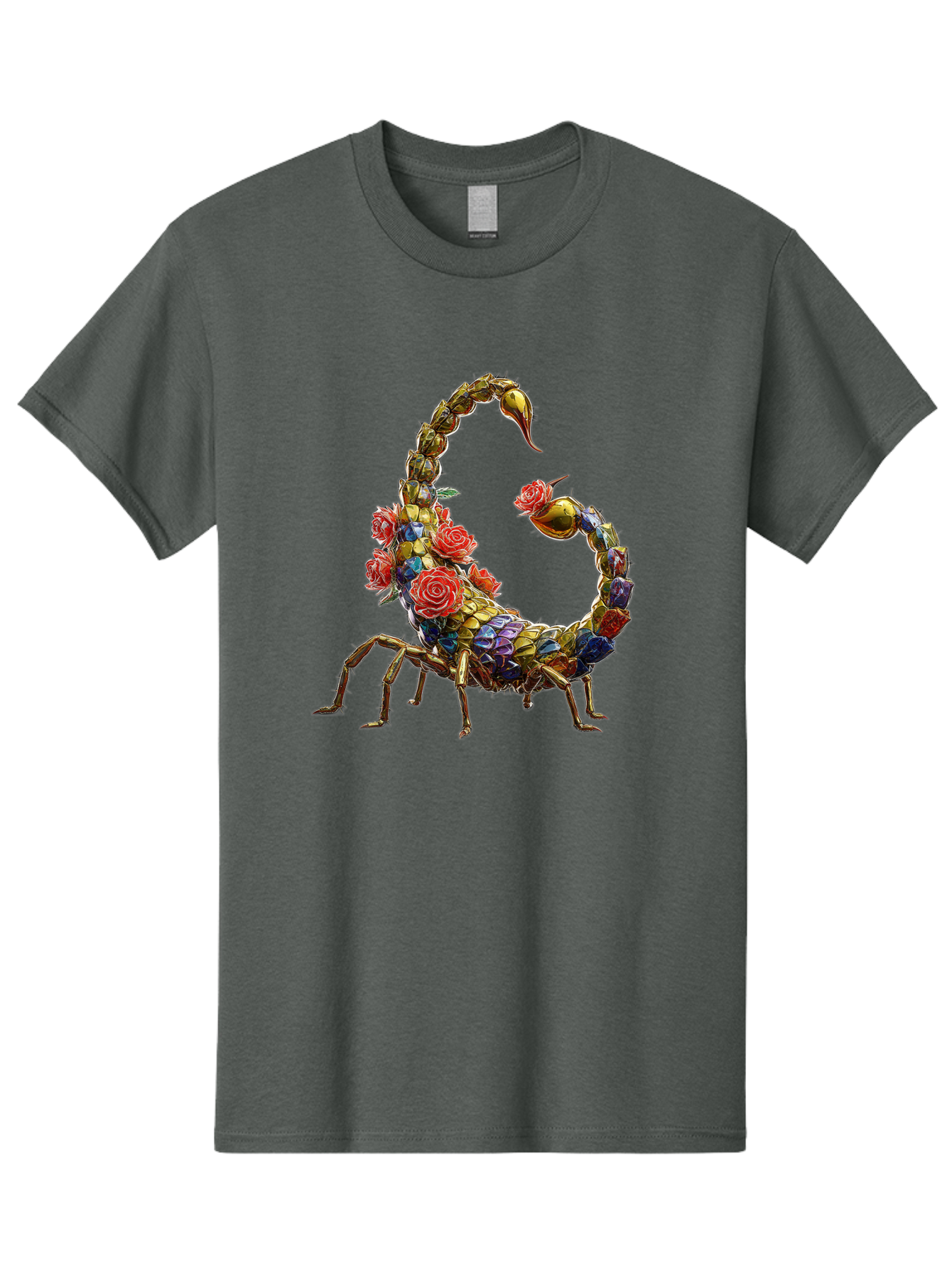 Floral-Scorpion Men'S Graphic Tee, 100% Cotton, Comfortable Casual Summer Wear, Machine Washable, Scorpion Adorned With Flowers, Floral Pattern, Red Roses, Blue Flowers, Gold Accents, Ornate Design, Symbolic Representation, Mystical Creature, Bae179