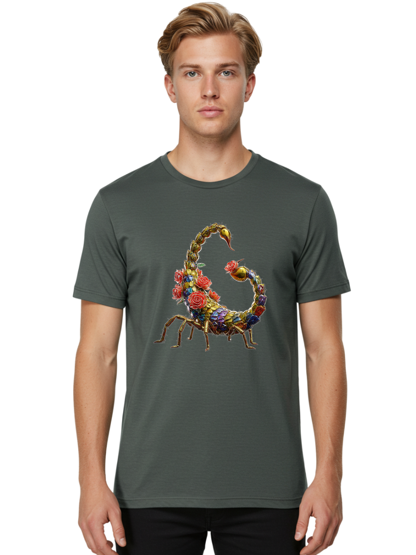 Floral-Scorpion Men'S Graphic Tee, 100% Cotton, Comfortable Casual Summer Wear, Machine Washable, Scorpion Adorned With Flowers, Floral Pattern, Red Roses, Blue Flowers, Gold Accents, Ornate Design, Symbolic Representation, Mystical Creature, Bae179