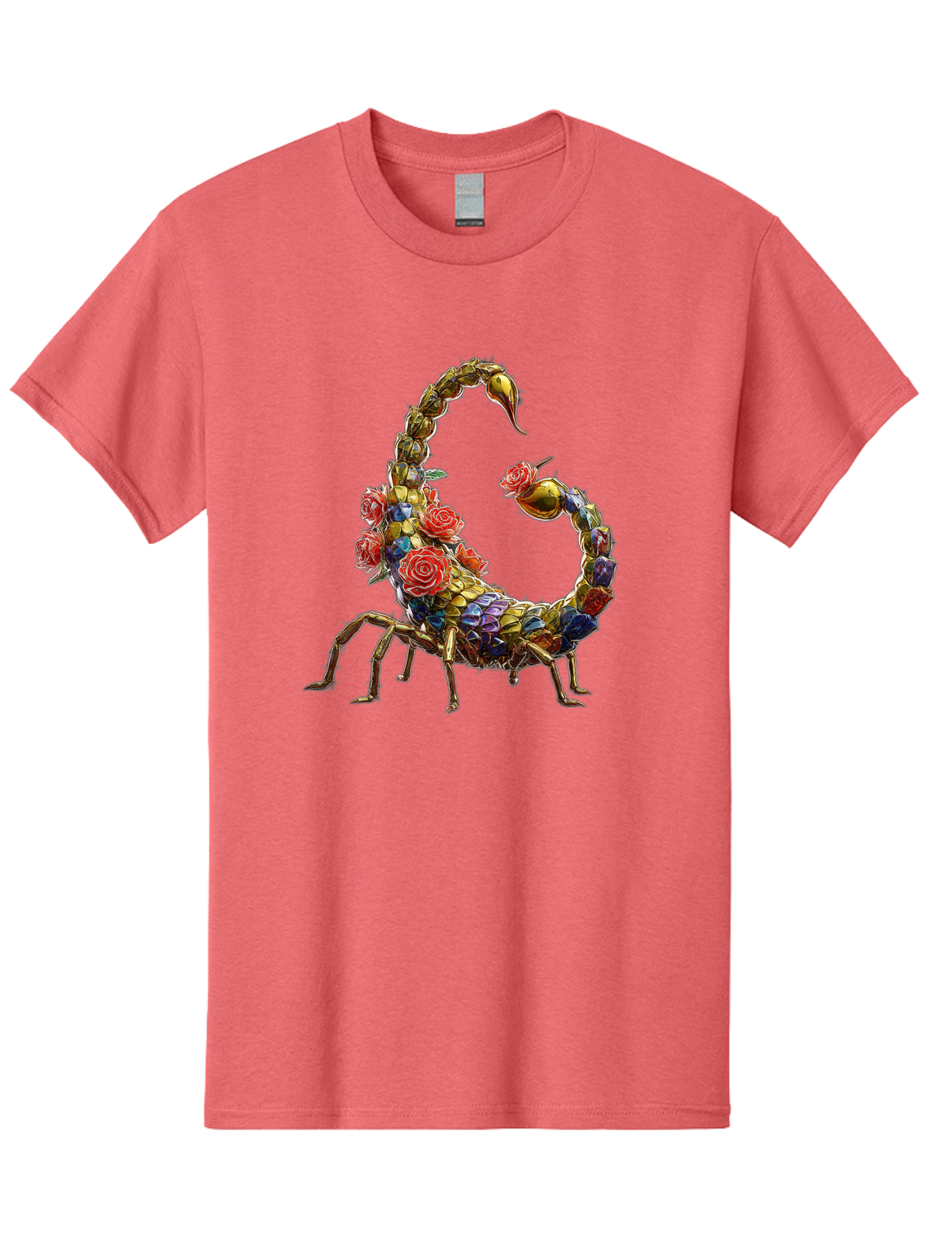 Floral-Scorpion Men'S Graphic Tee, 100% Cotton, Comfortable Casual Summer Wear, Machine Washable, Scorpion Adorned With Flowers, Floral Pattern, Red Roses, Blue Flowers, Gold Accents, Ornate Design, Symbolic Representation, Mystical Creature, Bae179