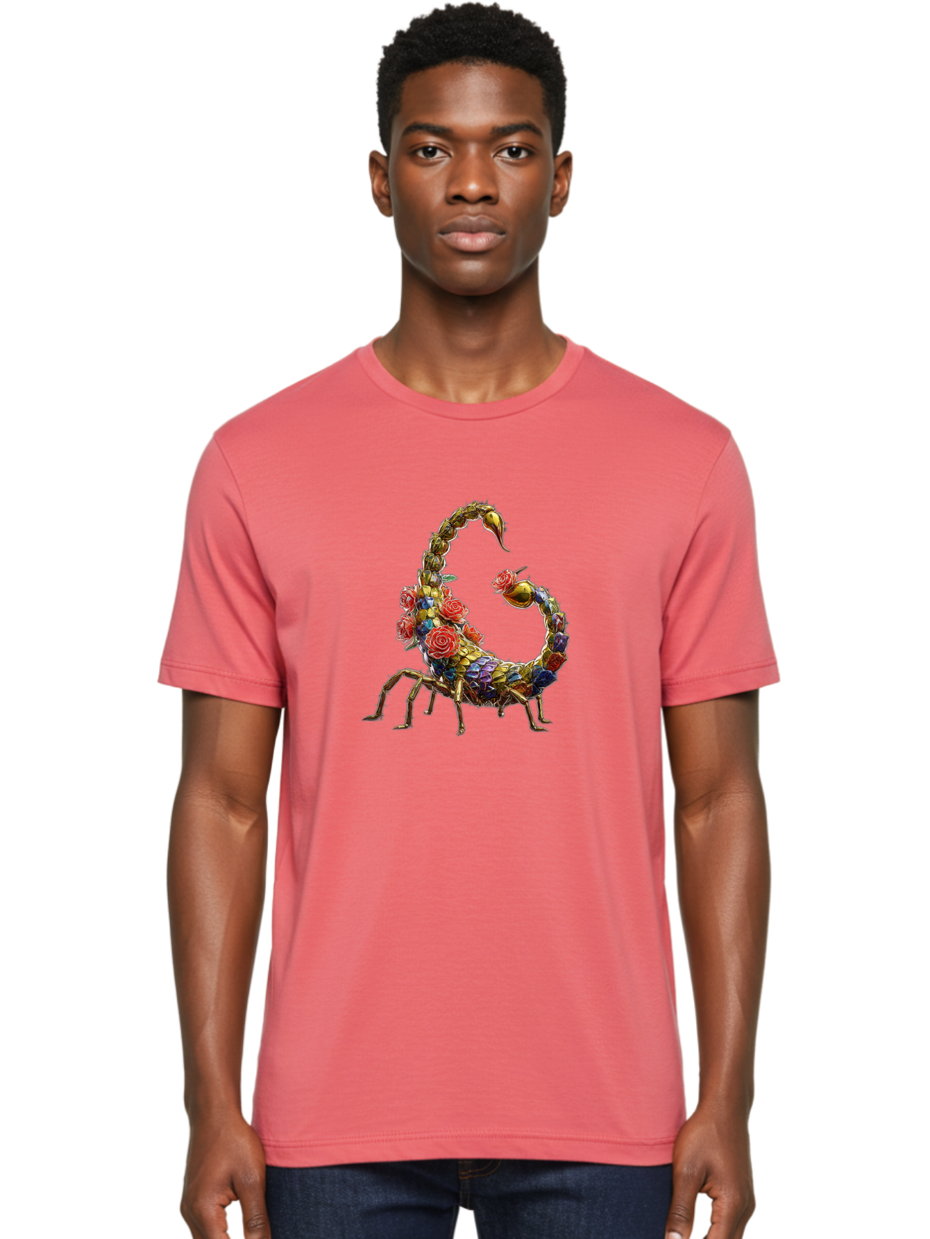 Floral-Scorpion Men'S Graphic Tee, 100% Cotton, Comfortable Casual Summer Wear, Machine Washable, Scorpion Adorned With Flowers, Floral Pattern, Red Roses, Blue Flowers, Gold Accents, Ornate Design, Symbolic Representation, Mystical Creature, Bae179