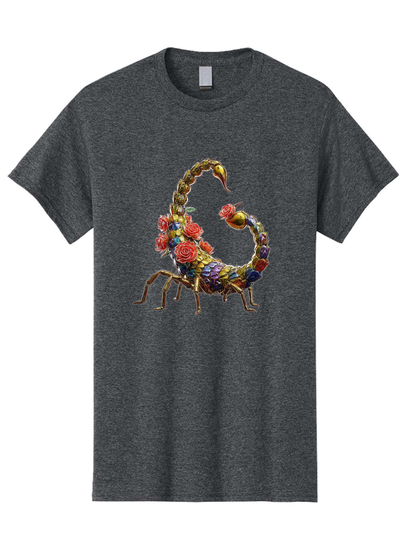 Floral-Scorpion Men'S Graphic Tee, 100% Cotton, Comfortable Casual Summer Wear, Machine Washable, Scorpion Adorned With Flowers, Floral Pattern, Red Roses, Blue Flowers, Gold Accents, Ornate Design, Symbolic Representation, Mystical Creature, Bae179