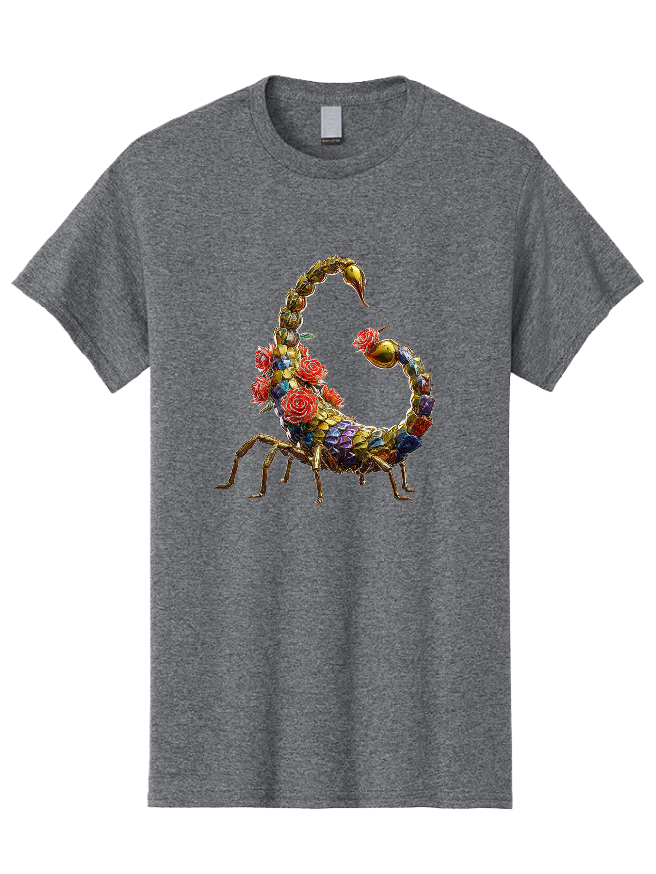 Floral-Scorpion Men'S Graphic Tee, 100% Cotton, Comfortable Casual Summer Wear, Machine Washable, Scorpion Adorned With Flowers, Floral Pattern, Red Roses, Blue Flowers, Gold Accents, Ornate Design, Symbolic Representation, Mystical Creature, Bae179