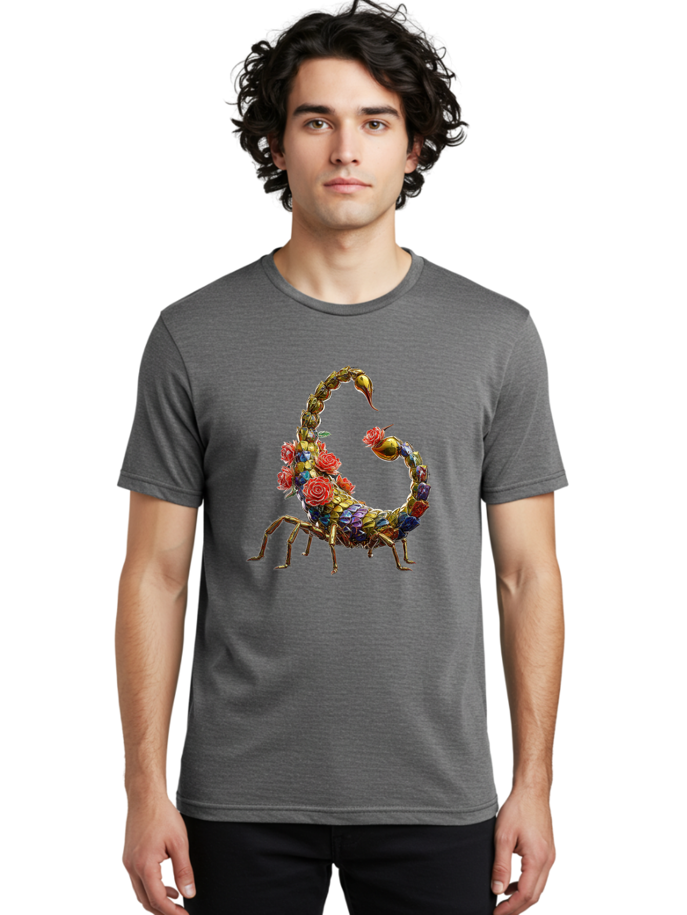 Floral-Scorpion Men'S Graphic Tee, 100% Cotton, Comfortable Casual Summer Wear, Machine Washable, Scorpion Adorned With Flowers, Floral Pattern, Red Roses, Blue Flowers, Gold Accents, Ornate Design, Symbolic Representation, Mystical Creature, Bae179