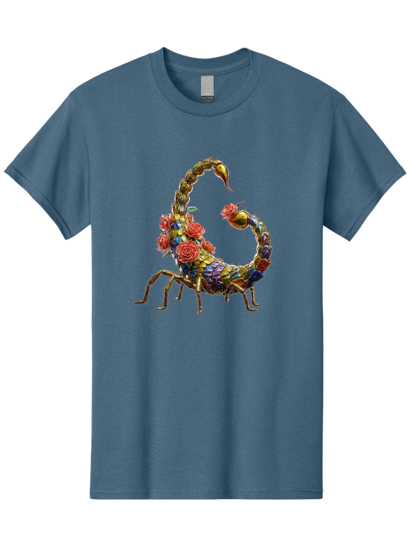Floral-Scorpion Men'S Graphic Tee, 100% Cotton, Comfortable Casual Summer Wear, Machine Washable, Scorpion Adorned With Flowers, Floral Pattern, Red Roses, Blue Flowers, Gold Accents, Ornate Design, Symbolic Representation, Mystical Creature, Bae179