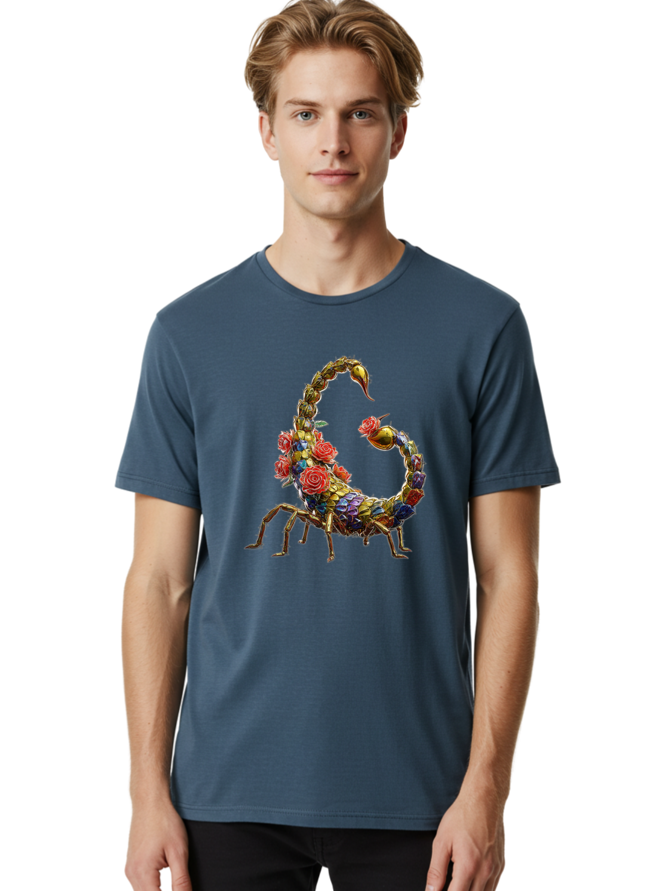 Floral-Scorpion Men'S Graphic Tee, 100% Cotton, Comfortable Casual Summer Wear, Machine Washable, Scorpion Adorned With Flowers, Floral Pattern, Red Roses, Blue Flowers, Gold Accents, Ornate Design, Symbolic Representation, Mystical Creature, Bae179