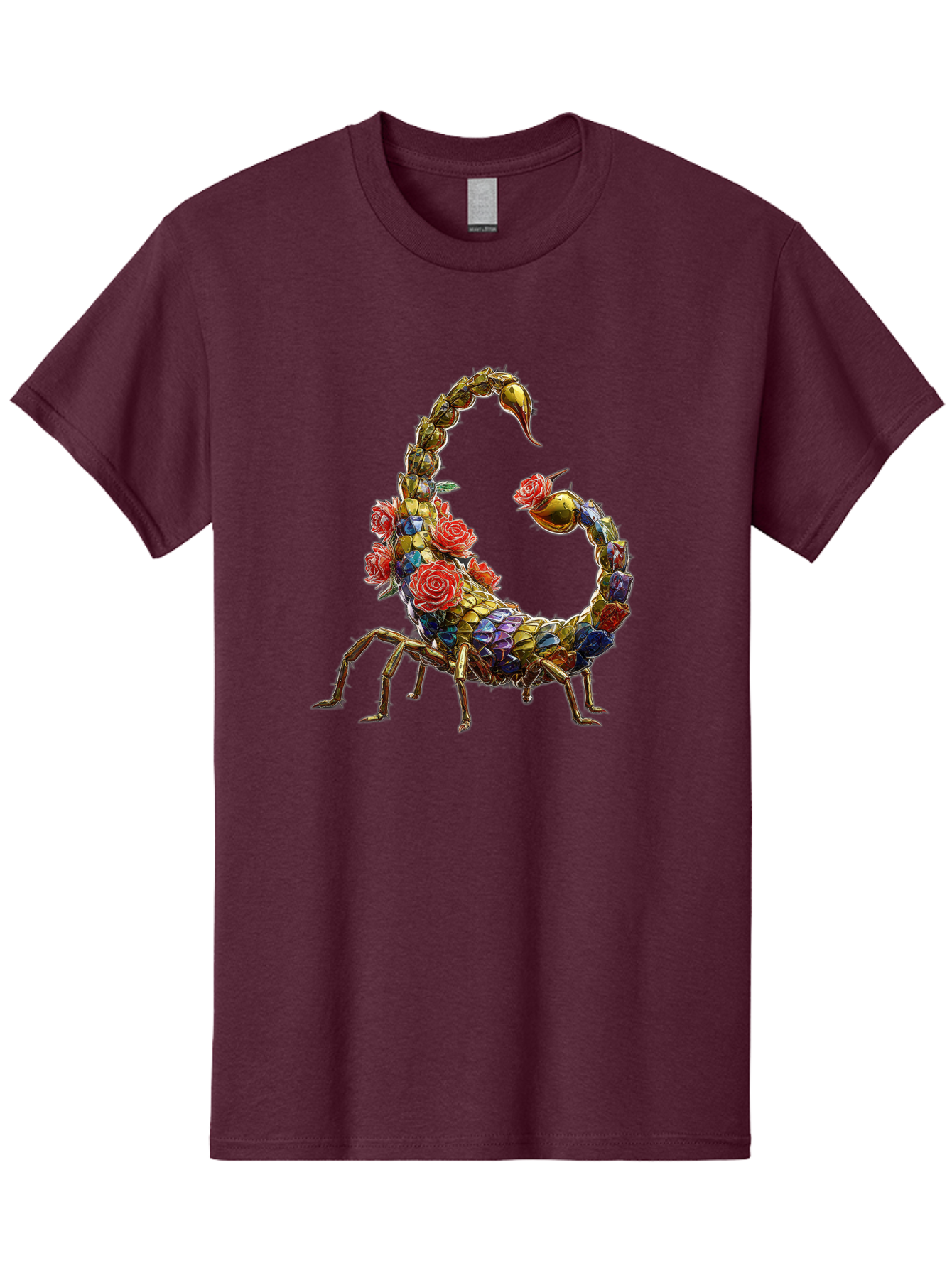 Floral-Scorpion Men'S Graphic Tee, 100% Cotton, Comfortable Casual Summer Wear, Machine Washable, Scorpion Adorned With Flowers, Floral Pattern, Red Roses, Blue Flowers, Gold Accents, Ornate Design, Symbolic Representation, Mystical Creature, Bae179
