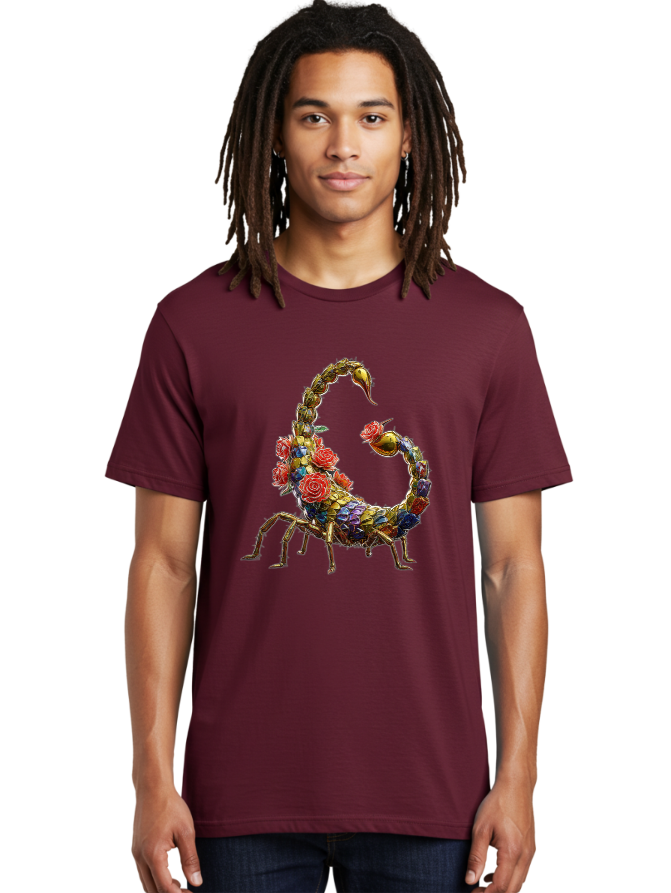 Floral-Scorpion Men'S Graphic Tee, 100% Cotton, Comfortable Casual Summer Wear, Machine Washable, Scorpion Adorned With Flowers, Floral Pattern, Red Roses, Blue Flowers, Gold Accents, Ornate Design, Symbolic Representation, Mystical Creature, Bae179